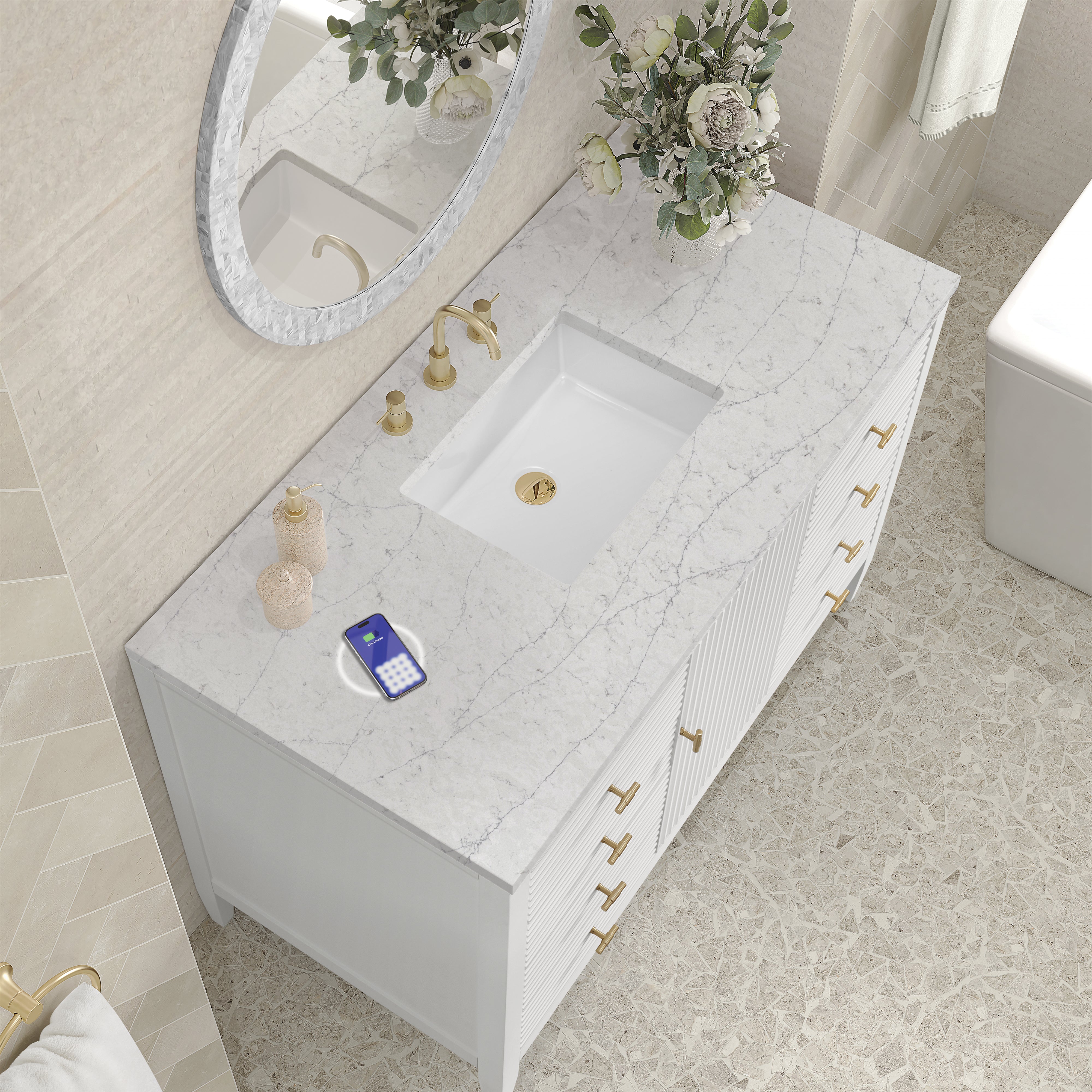 James Martin Myrrin 48" Single Vanity in Bright White with 3cm Countertop and FreePower Wireless Charger