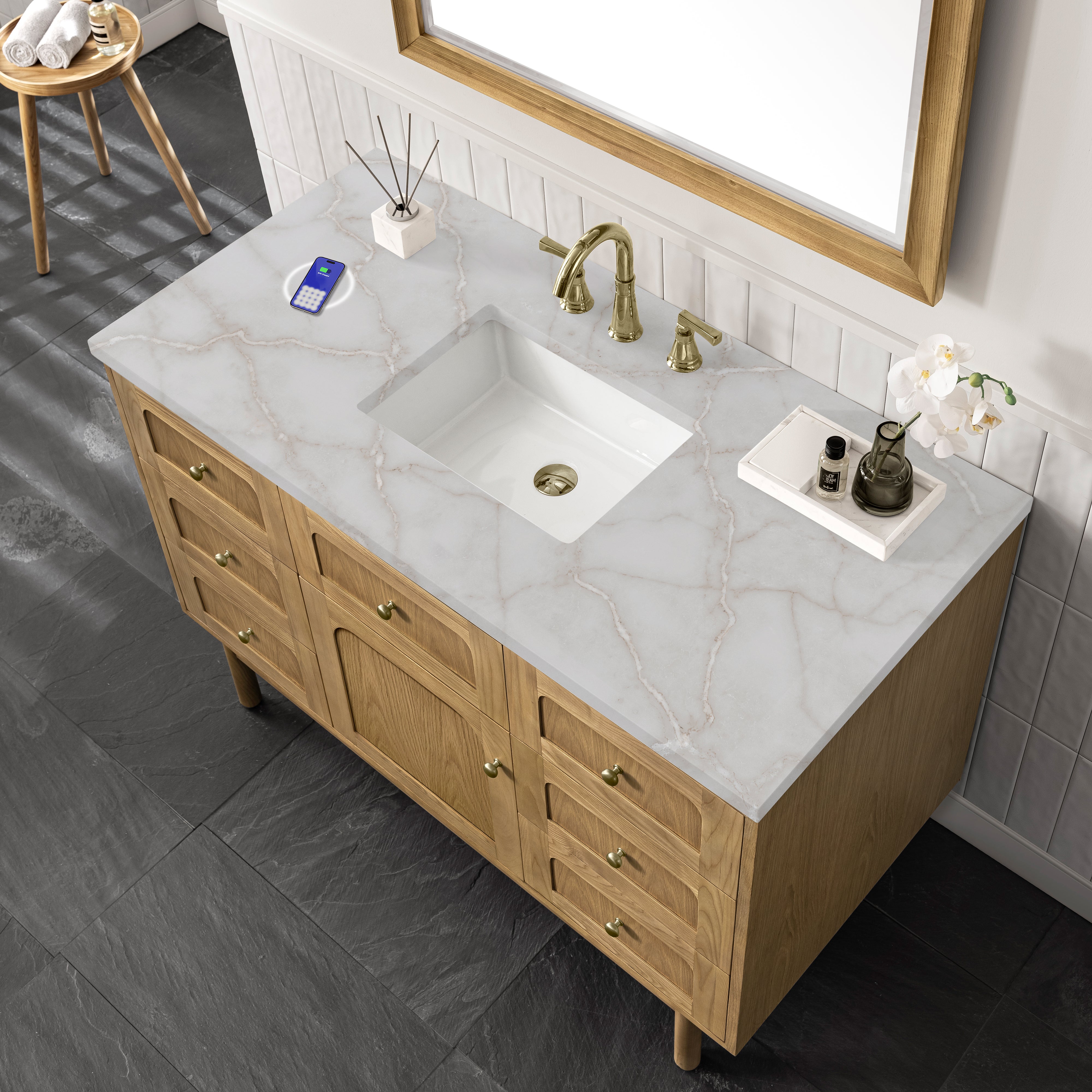 James Martin Laurent 48" Single Vanity in Light Natural Oak with 3cm Countertop and FreePower Wireless Charger