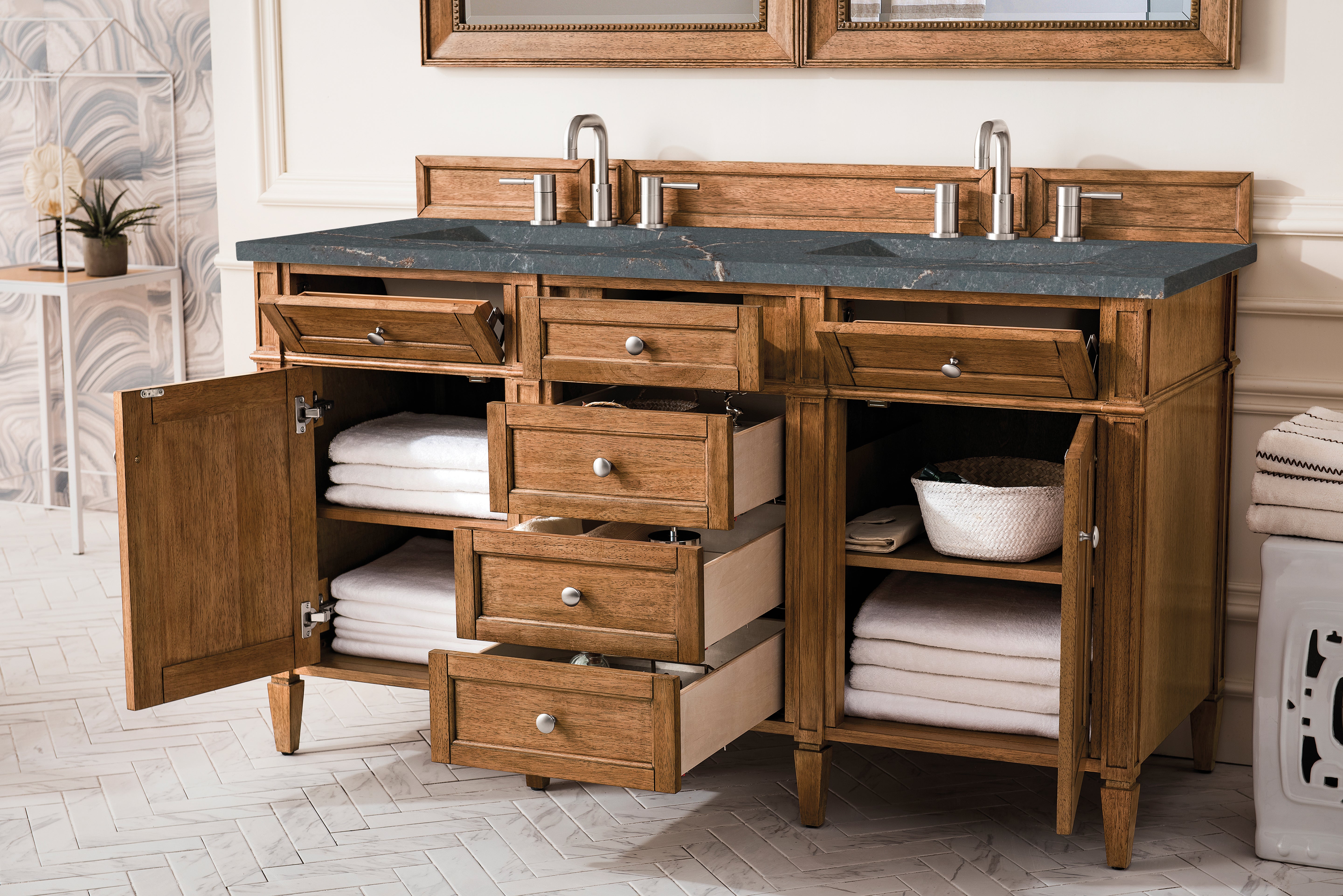 James Martin Brittany 60" Double Vanity in Saddle Brown with 3cm Countertop and FreePower Wireless Charger