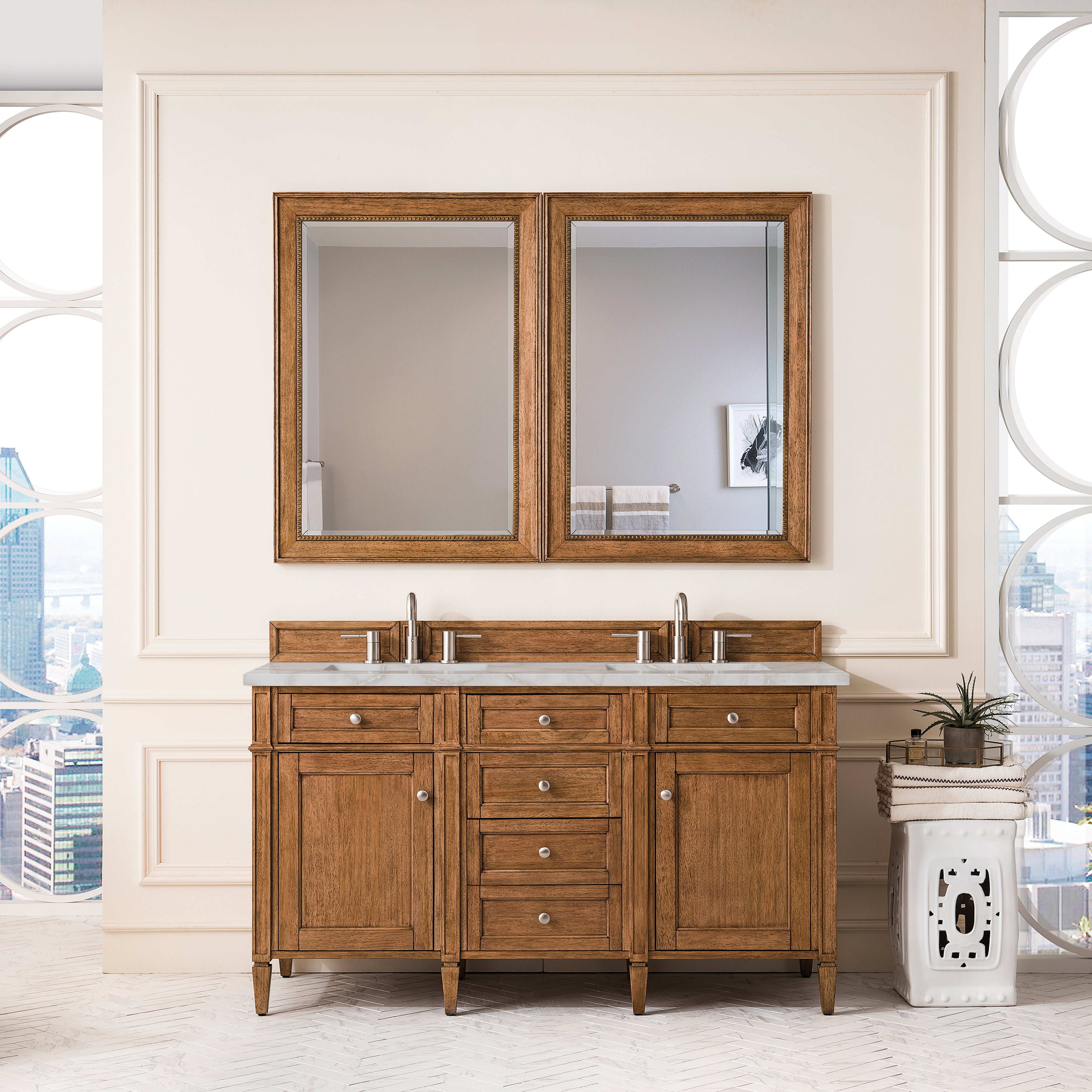 James Martin Brittany 60" Double Vanity in Saddle Brown with 3cm Countertop and FreePower Wireless Charger