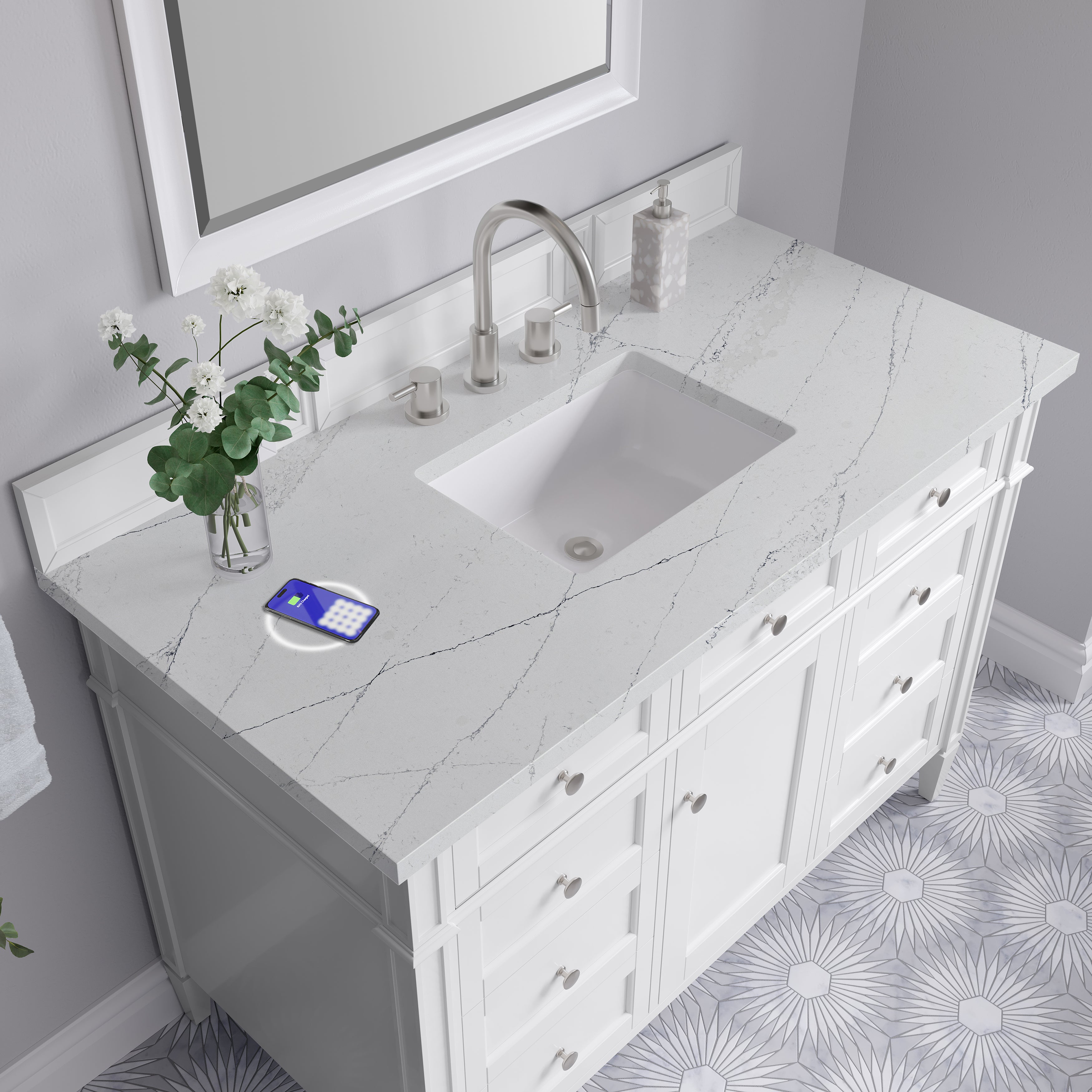 James Martin Brittany 48" Single Vanity in Bright White with 3cm Countertop and FreePower Wireless Charger