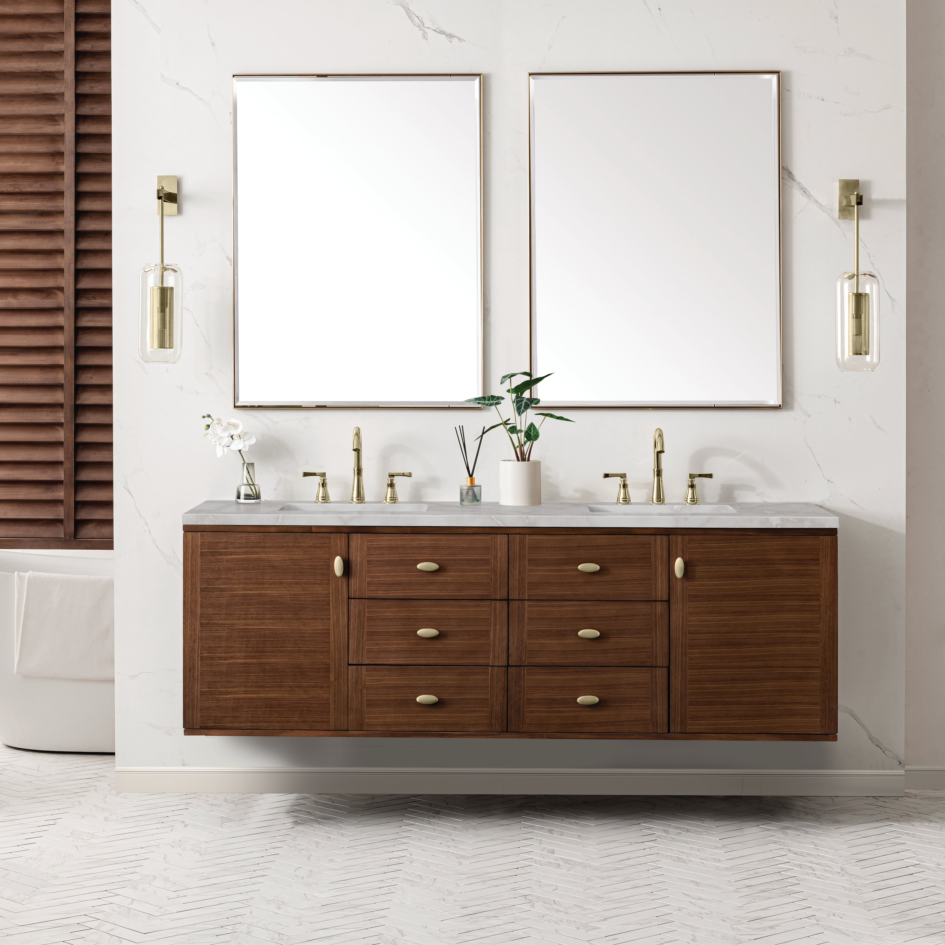 James Martin Amberly 72" Double Vanity in Mid-Century Walnut with 3cm Countertop and FreePower Wireless Charger