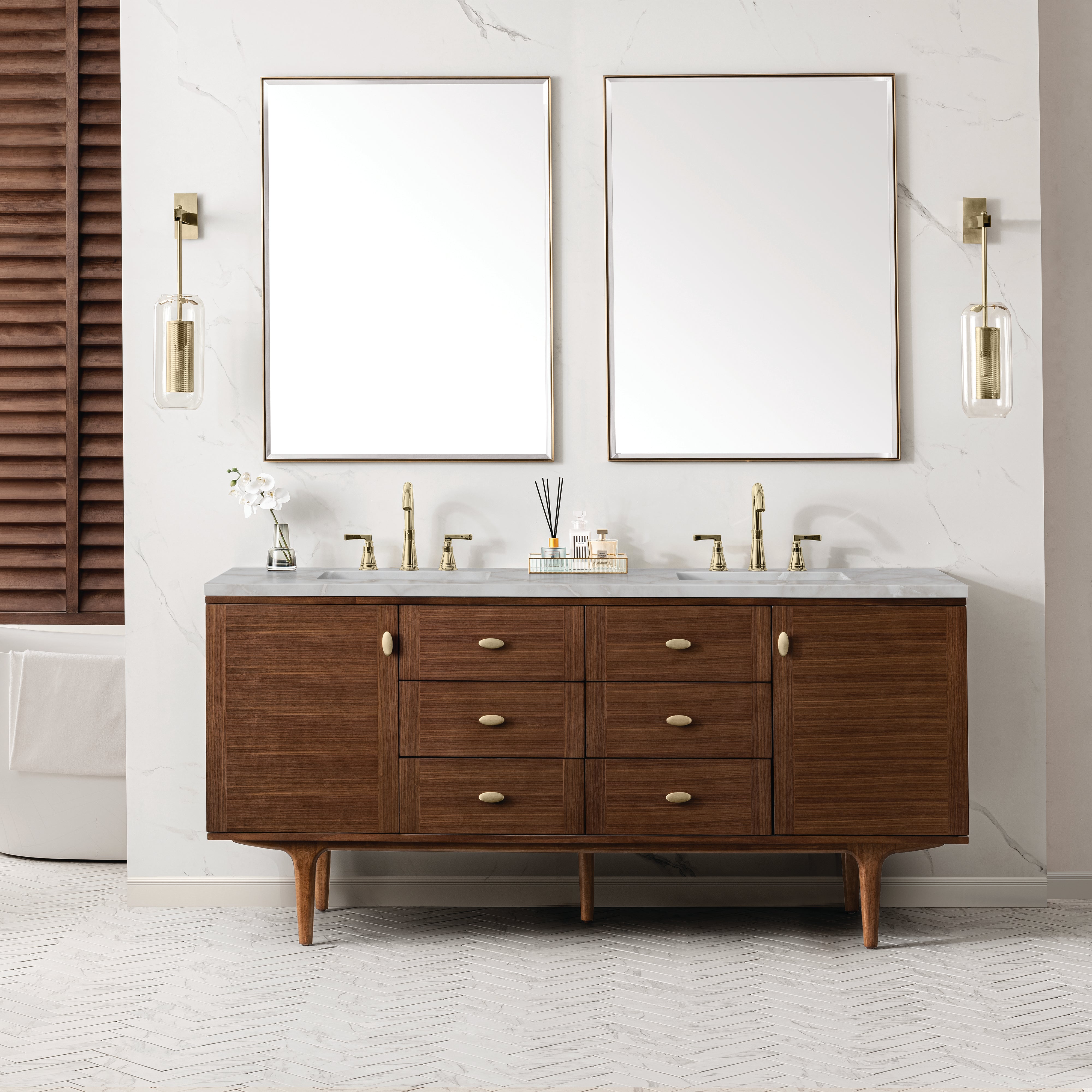 James Martin Amberly 72" Double Vanity in Mid-Century Walnut with 3cm Countertop and FreePower Wireless Charger