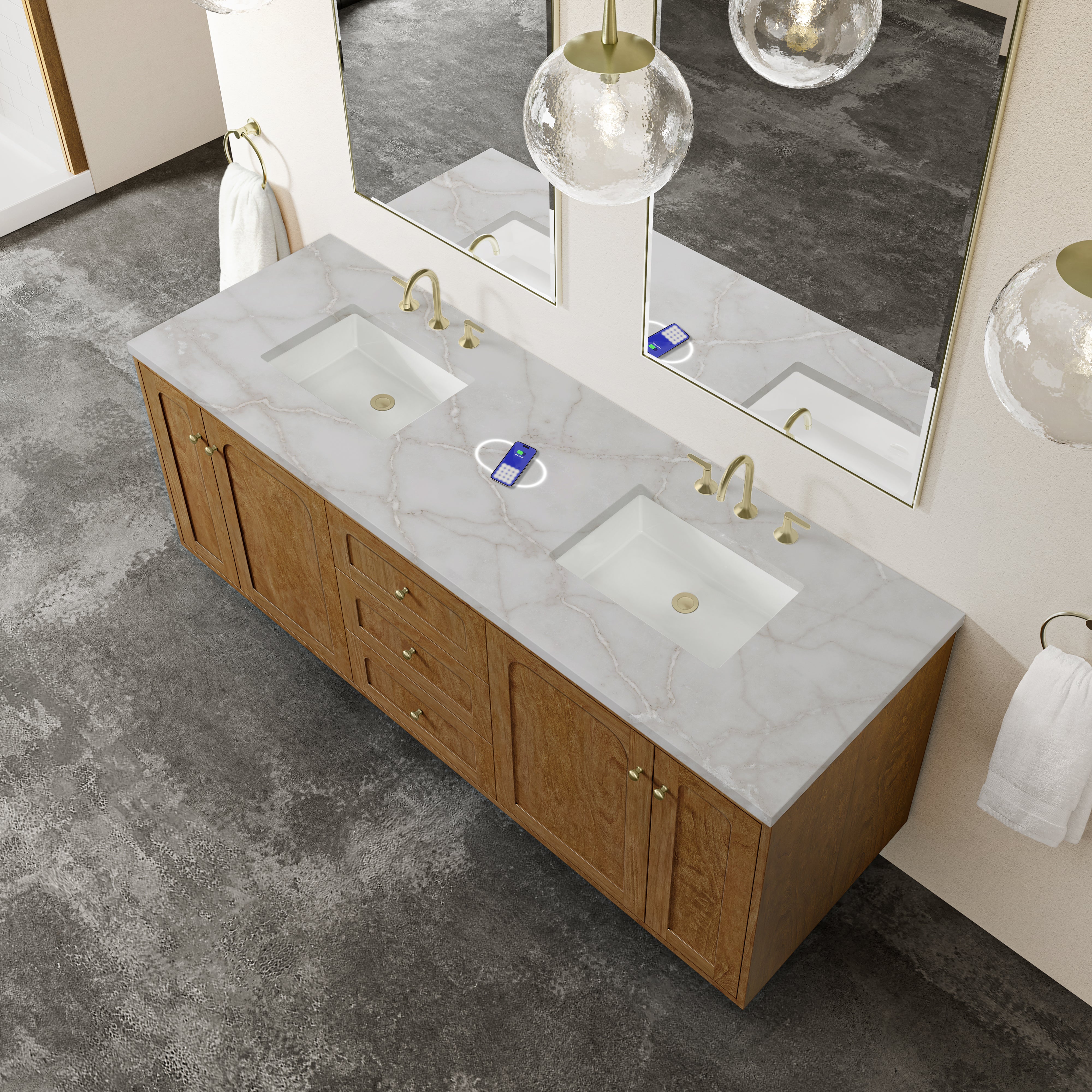 James Martin Laurent 72" Double Vanity in Honey Oak with 3cm Countertop and FreePower Wireless Charger