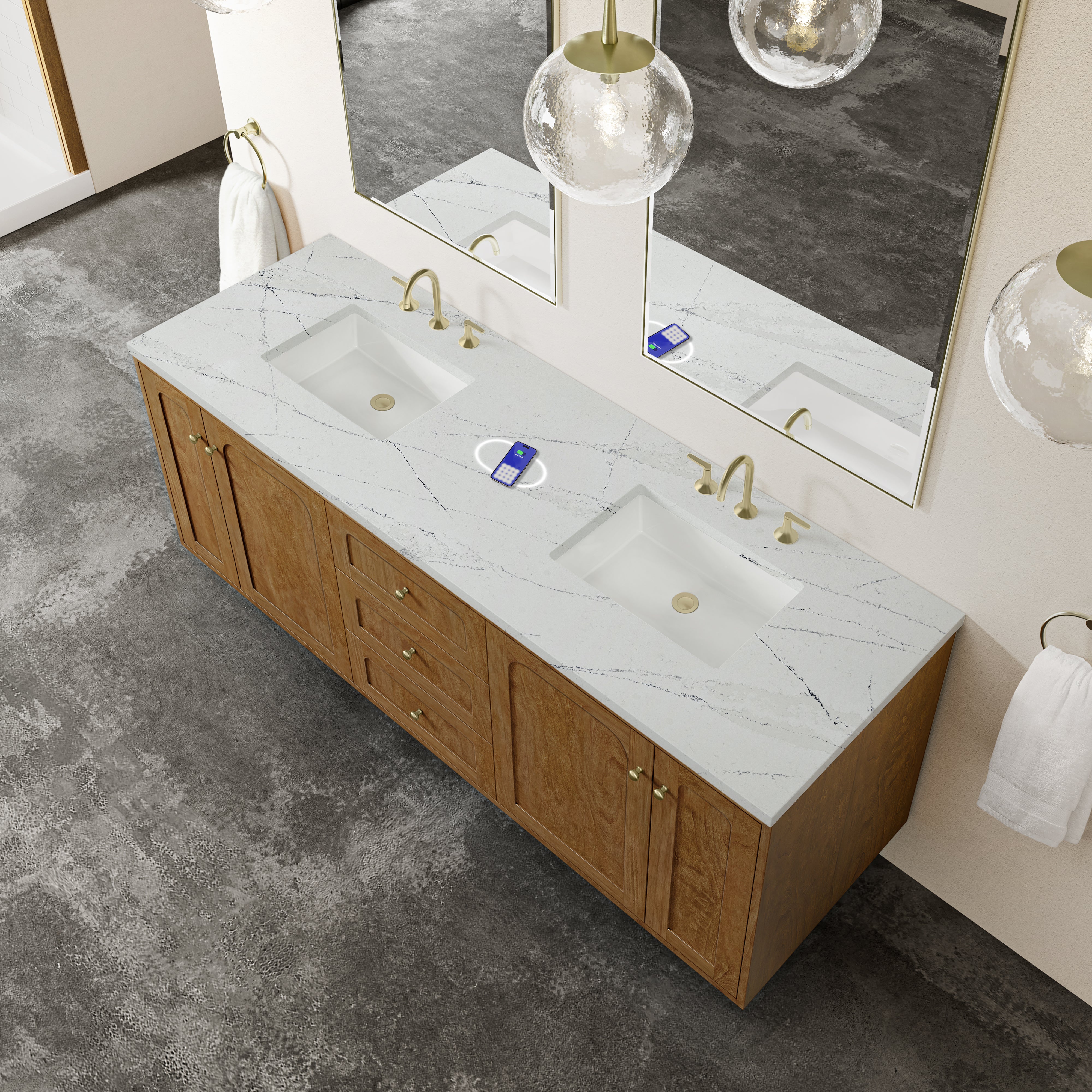James Martin Laurent 72" Double Vanity in Honey Oak with 3cm Countertop and FreePower Wireless Charger