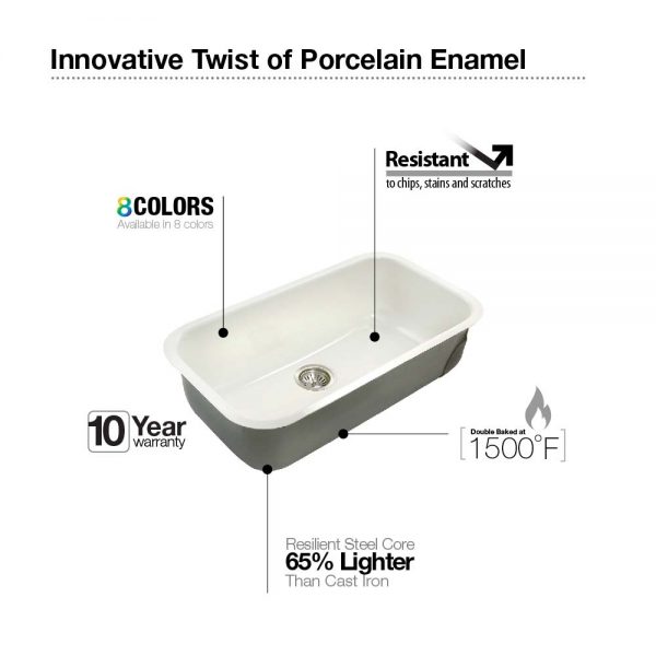 Houzer Porcela 31" Porcelain Enamel Steel Undermount Single Bowl Kitchen Sink