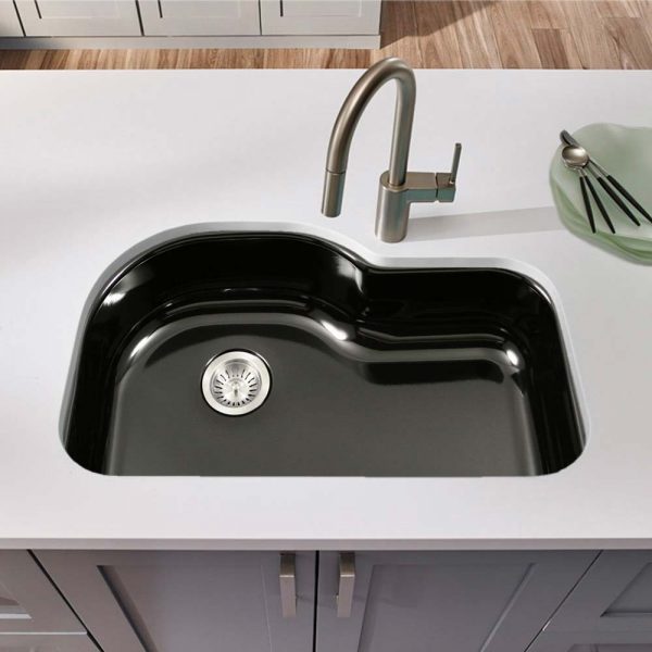 Houzer Porcela 31" Porcelain Enamel Steel Undermount Single Bowl Offset Kitchen Sink