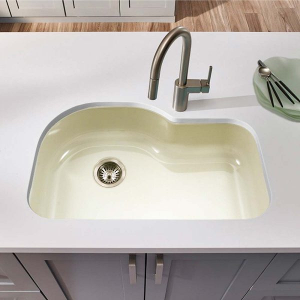 Houzer Porcela 31" Porcelain Enamel Steel Undermount Single Bowl Offset Kitchen Sink