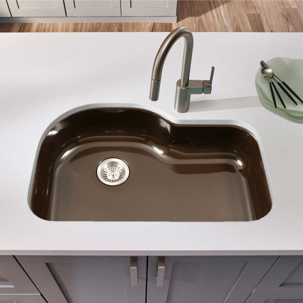 Houzer Porcela 31" Porcelain Enamel Steel Undermount Single Bowl Offset Kitchen Sink