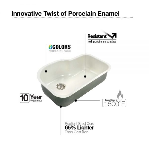 Houzer Porcela 31" Porcelain Enamel Steel Undermount Single Bowl Offset Kitchen Sink