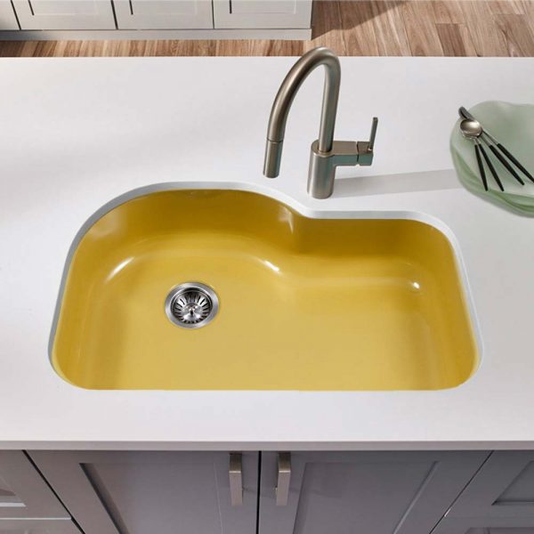 Houzer Porcela 31" Porcelain Enamel Steel Undermount Single Bowl Offset Kitchen Sink