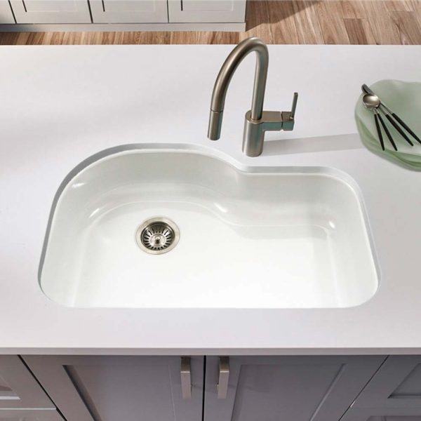 Houzer Porcela 31" Porcelain Enamel Steel Undermount Single Bowl Offset Kitchen Sink