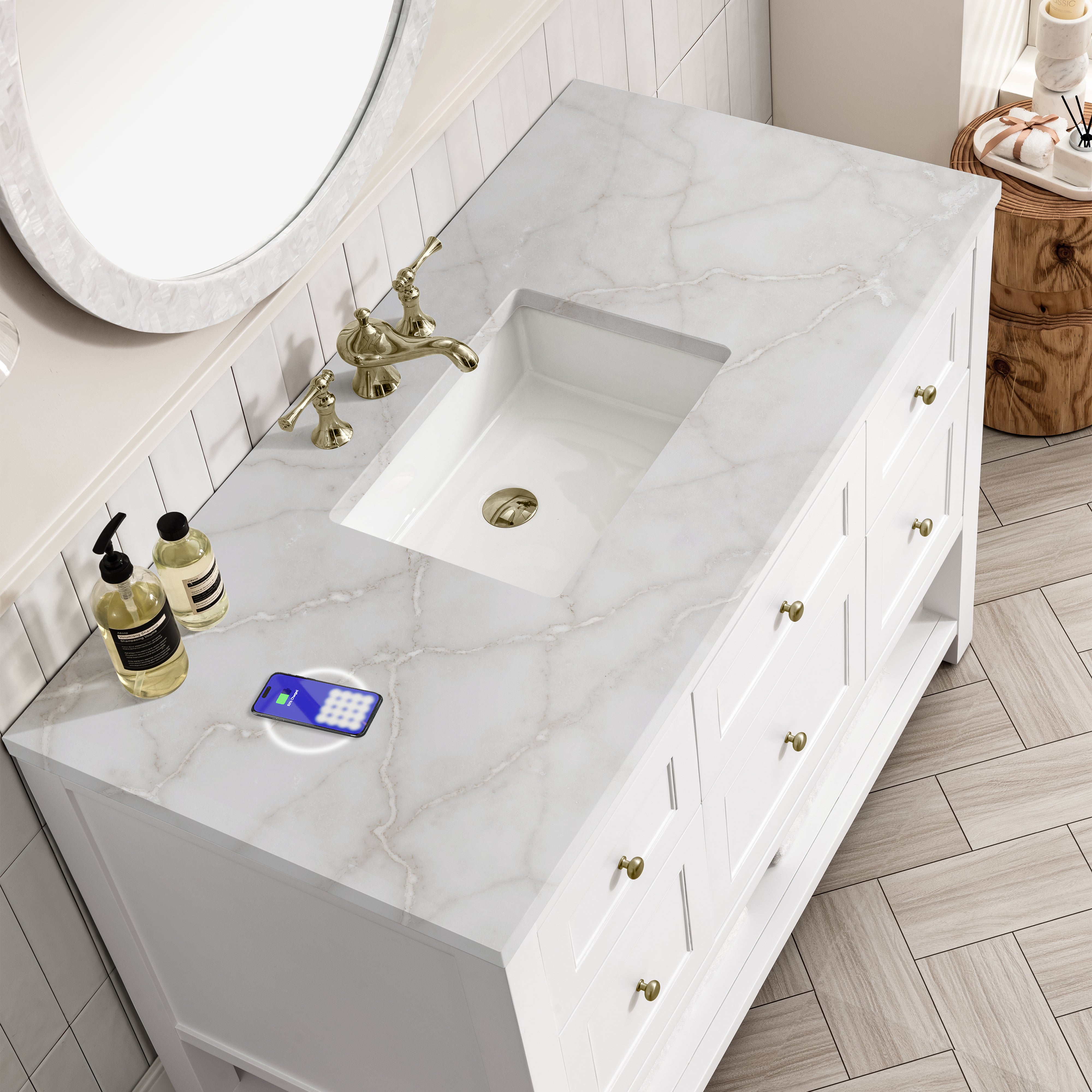 James Martin Breckenridge 48" Single Vanity in Bright White with 3cm Countertop and FreePower Wireless Charger