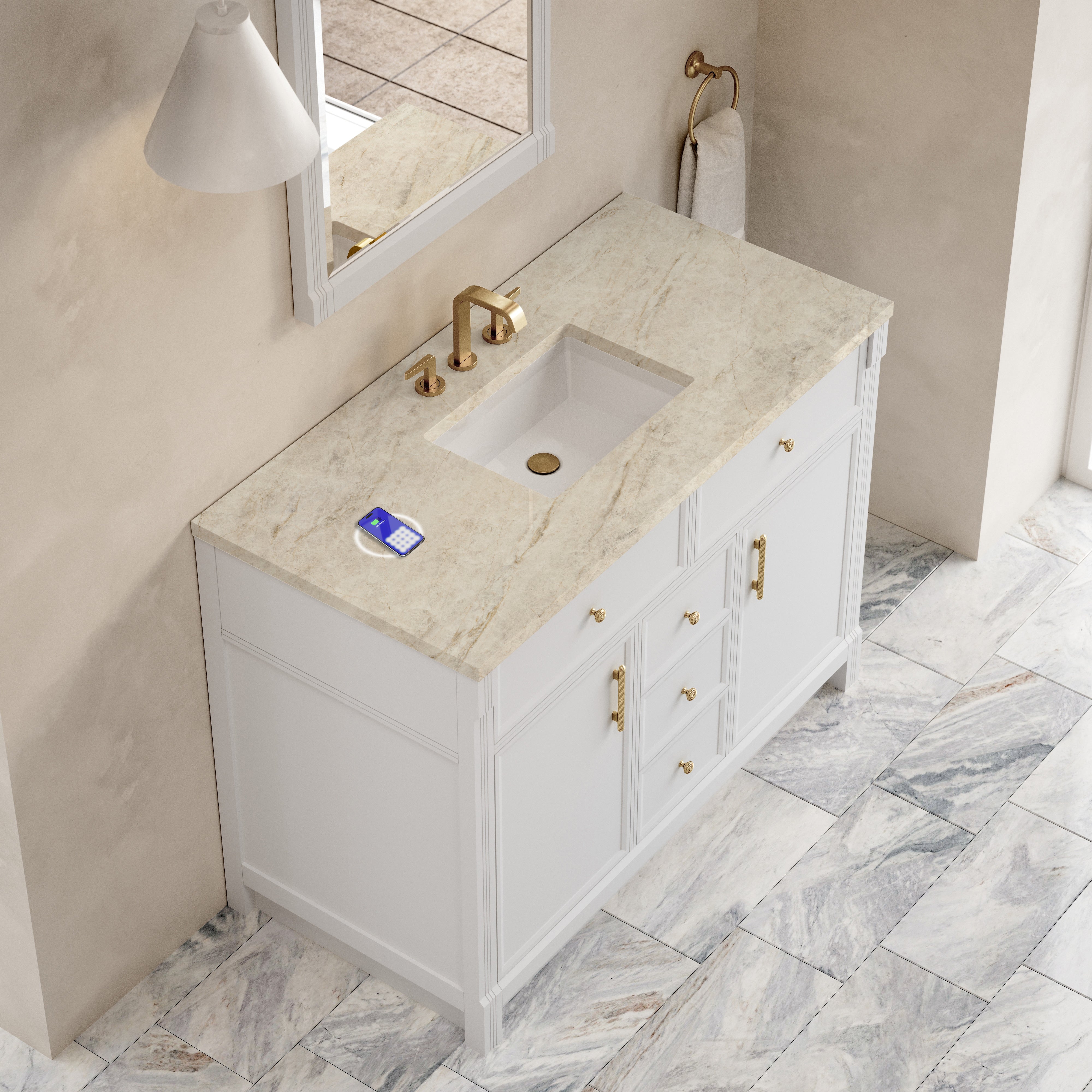 James Martin Bellshire 48" Single Vanity in Bright White with 3cm Countertop and FreePower Wireless Charger