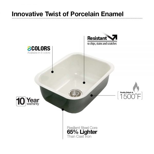 Houzer Porcela 23" Porcelain Enamel Steel Undermount Single Bowl Kitchen Sink
