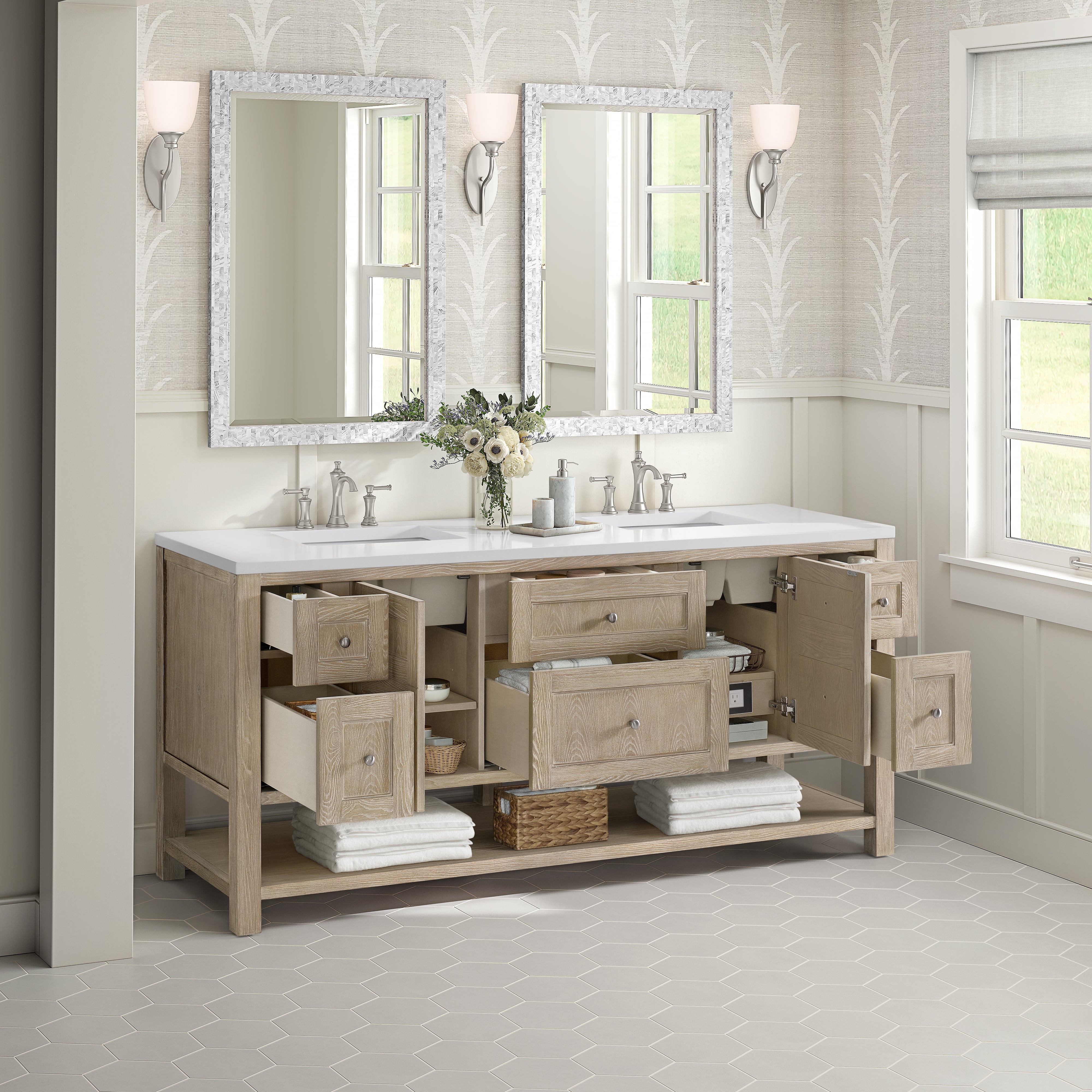 James Martin Breckenridge 72" Double Vanity in Whitewashed Oak with 3cm Countertop