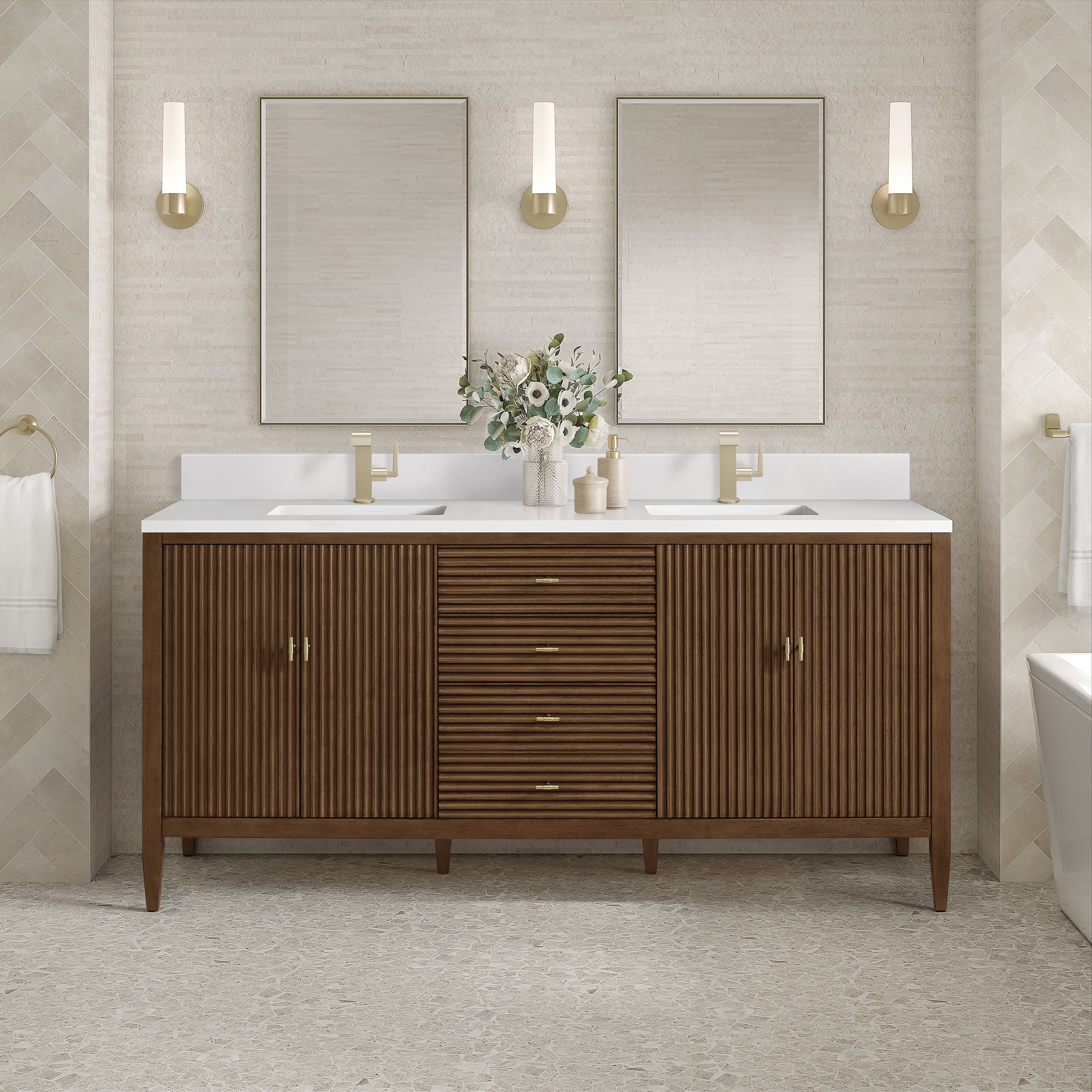 James Martin Myrrin 72" Double Vanity in Mid Century Walnut with 3cm Countertop