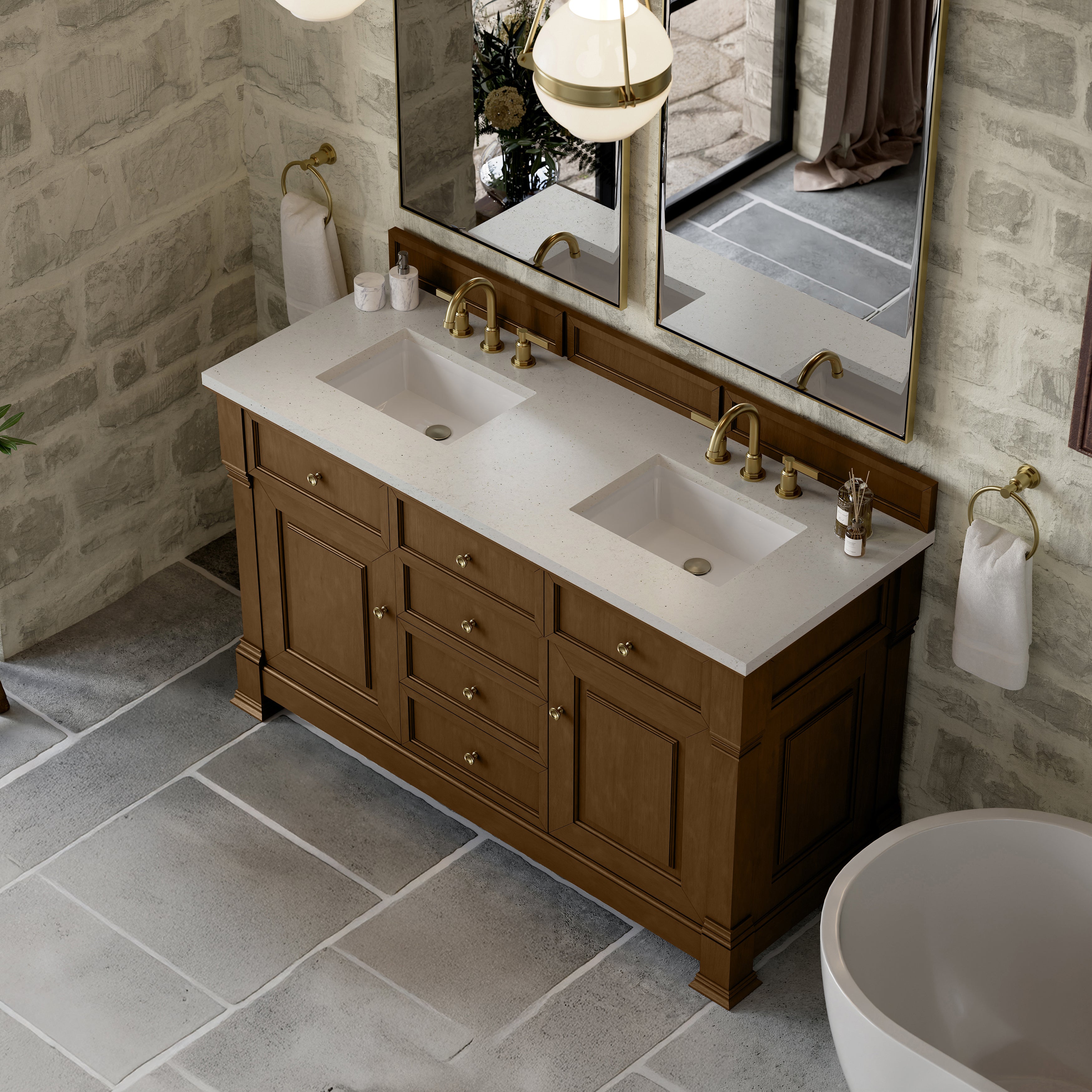 James Martin Brookfield 60" Double Vanity in Honey Oak with 3cm Countertop
