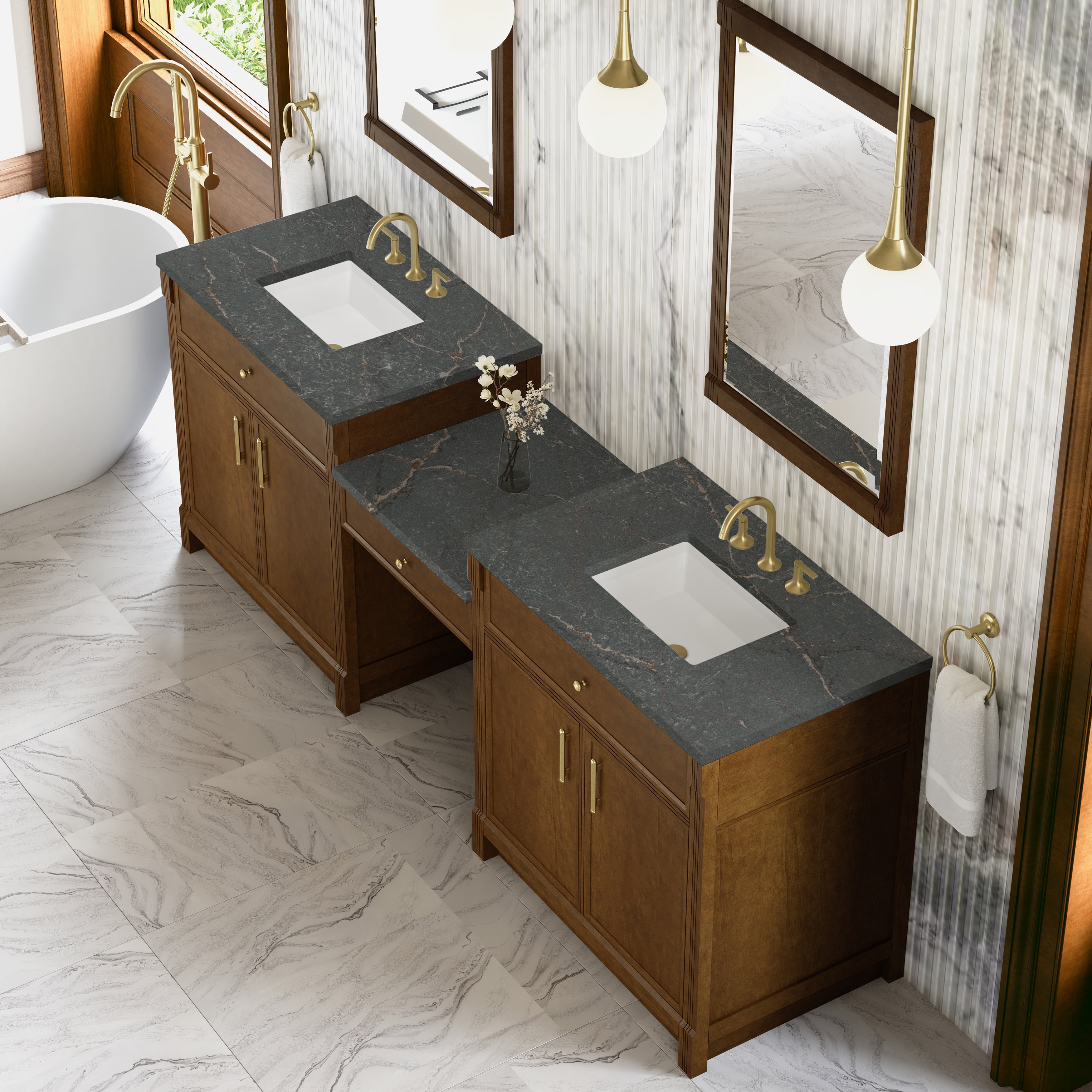 James Martin Bellshire 96" Dual Vanity Set with 24" Make-Up Counter in Honey Oak with 3cm Countertop