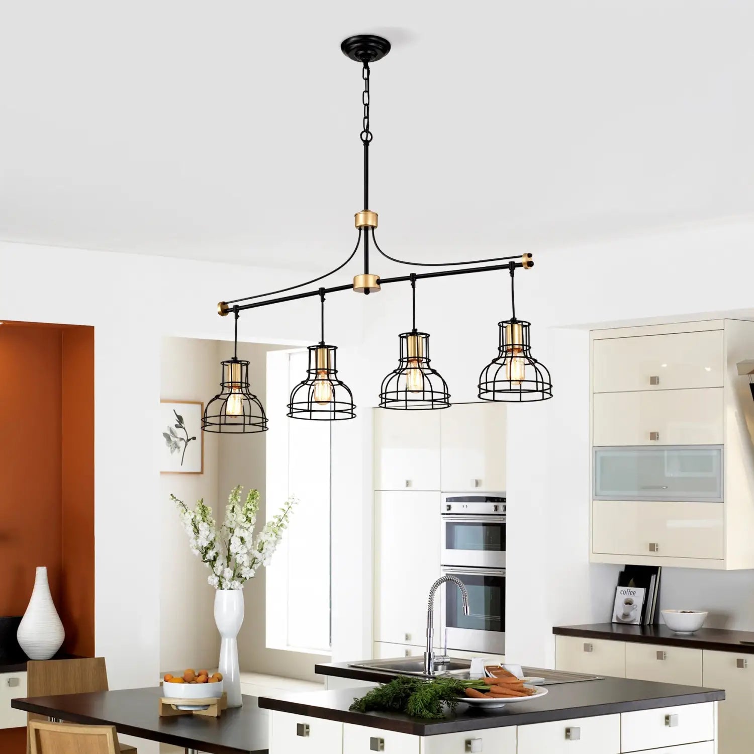 Pendant Light Vintage 40" Matte Black & Gold Chandelier for Living Spaces