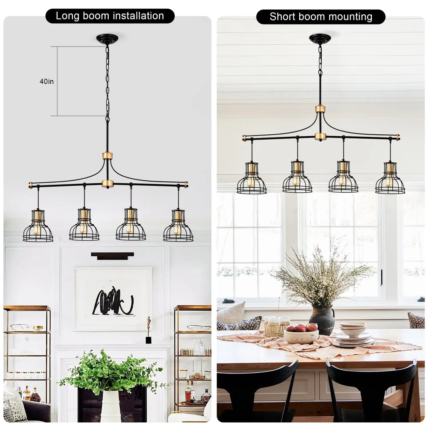 Pendant Light Vintage 40" Matte Black & Gold Chandelier for Living Spaces