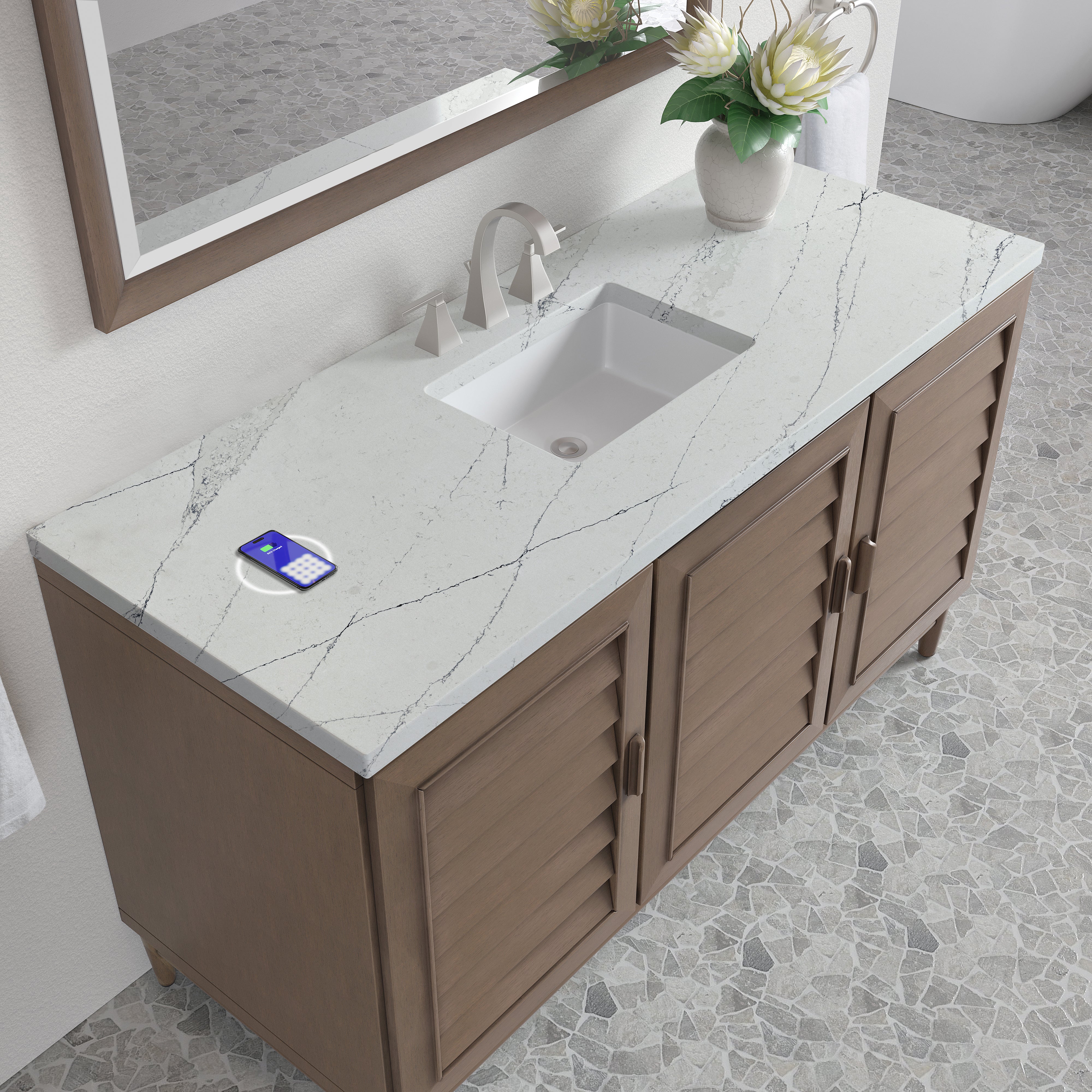 James Martin Portland 60" Single Vanity in Whitewashed Walnut with 3cm Countertop and FreePower Wireless Charger