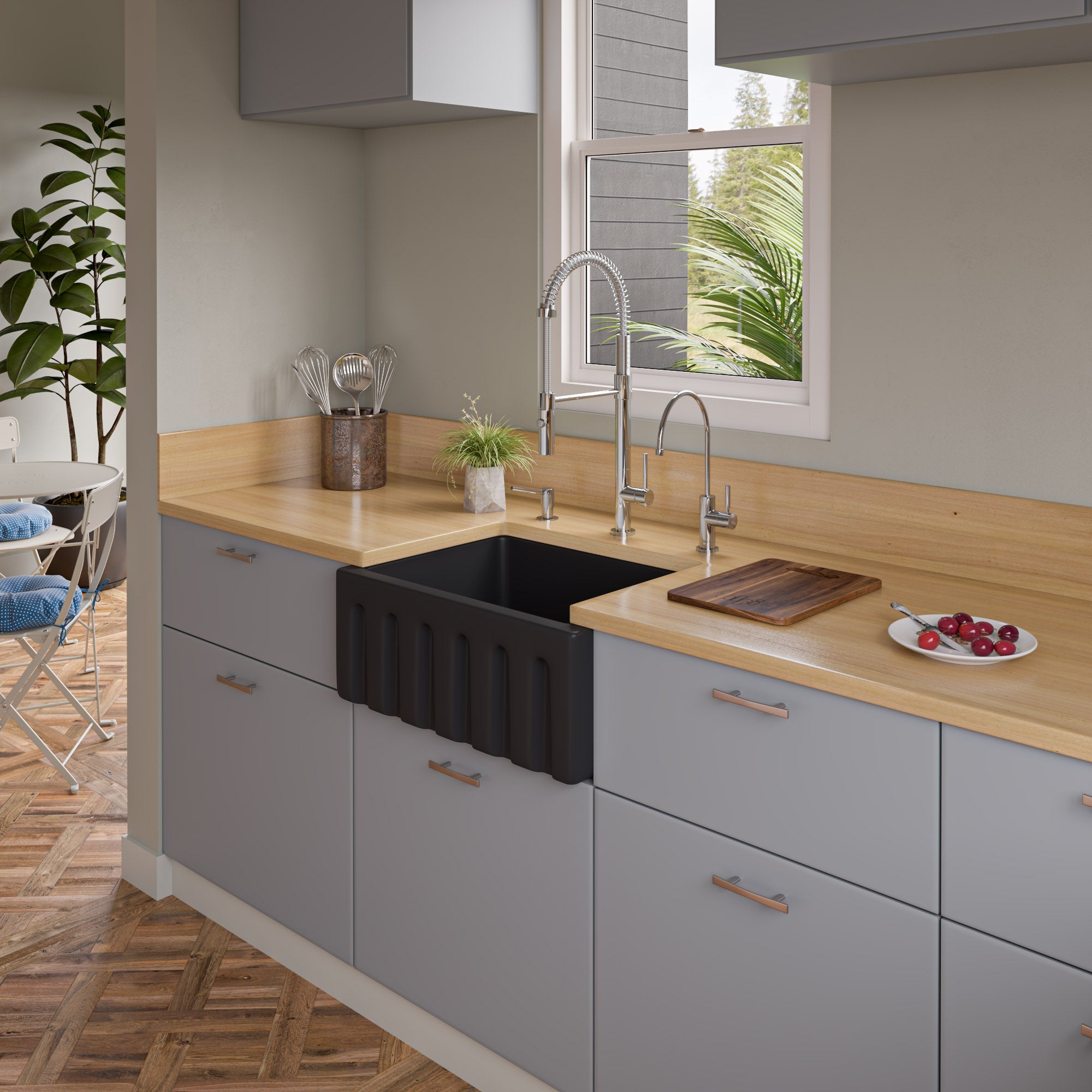 ALFI brand AB2418HS 24" Reversible Smooth / Fluted Single Bowl Fireclay Farm Sink – Biscuit, Black Gloss, Black Matte, White