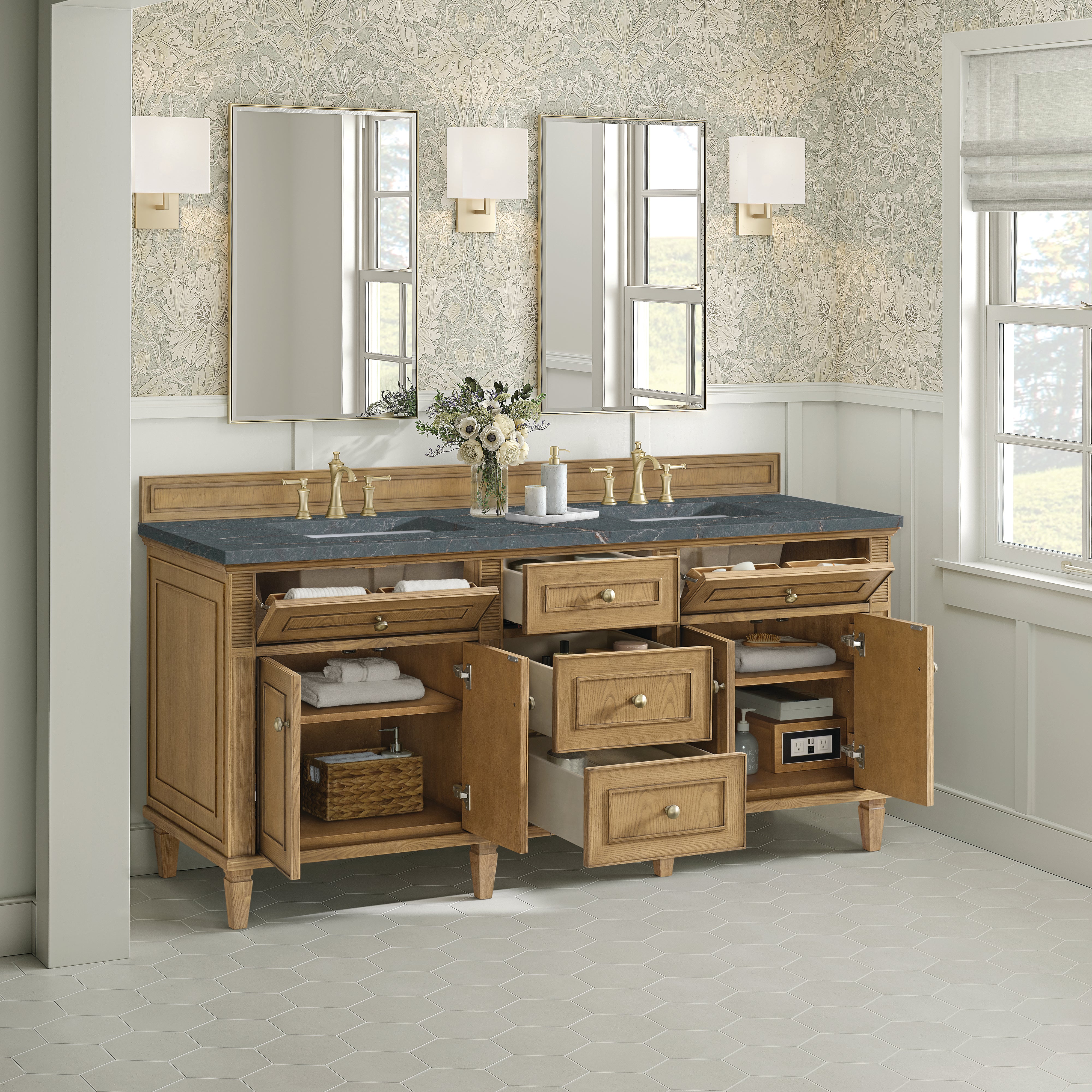 James Martin Lorelai 72" Double Vanity in Light Natural Oak with 3cm Countertop and FreePower Wireless Charger