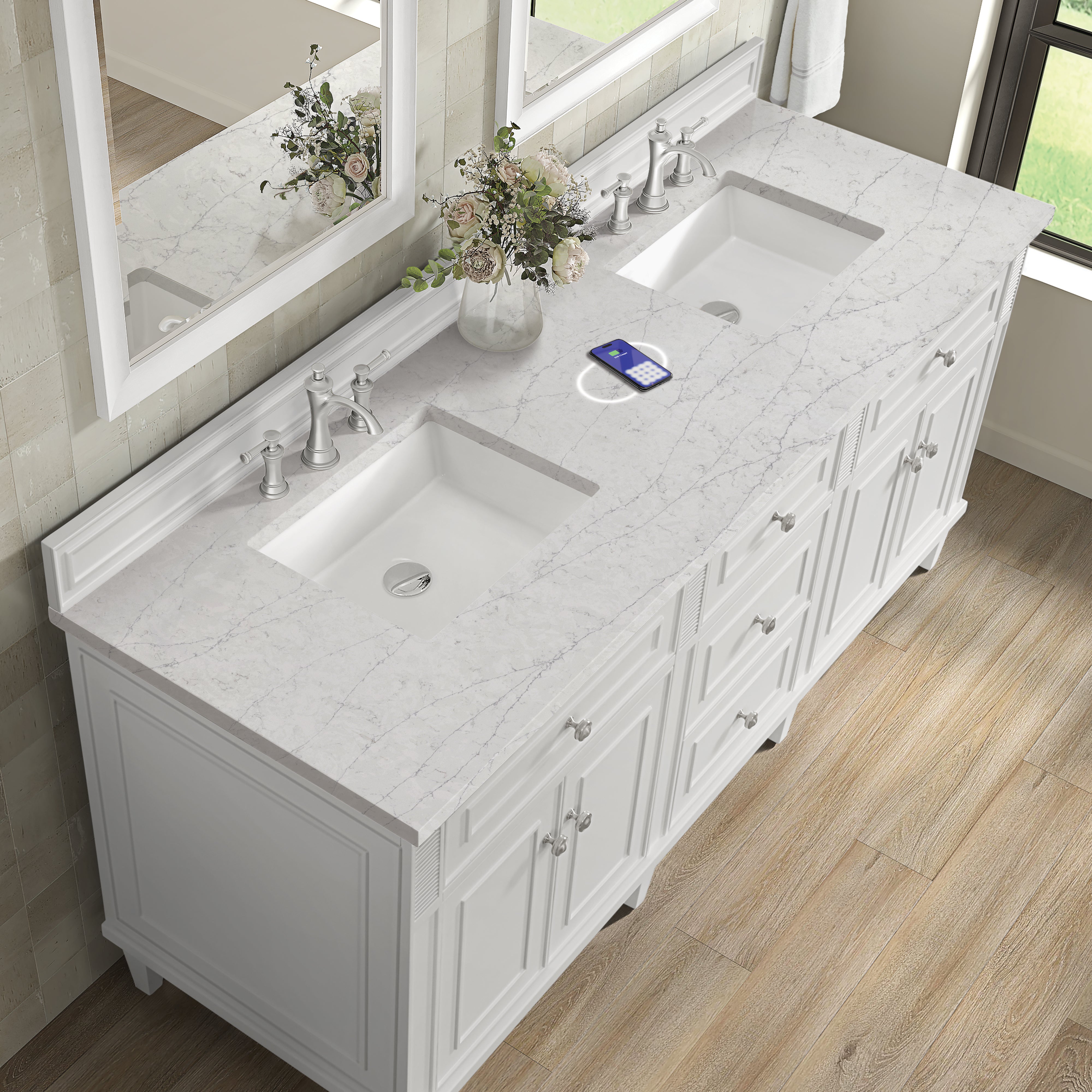 James Martin Lorelai 72" Double Vanity in Bright White with 3cm Countertop and FreePower Wireless Charger