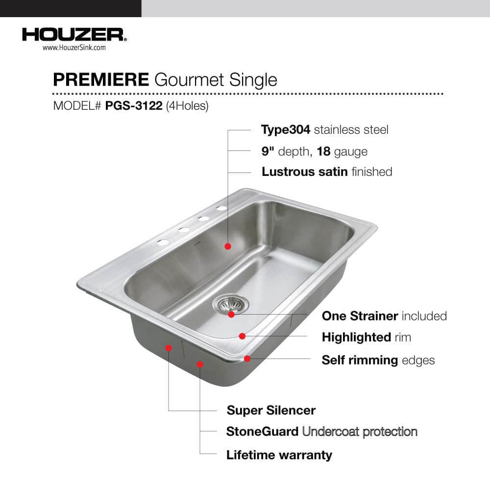 Houzer Premier 33 inch Stainless Steel Drop-in Topmount 4-hole Single Bowl Kitchen Sink - PGS-3122-4