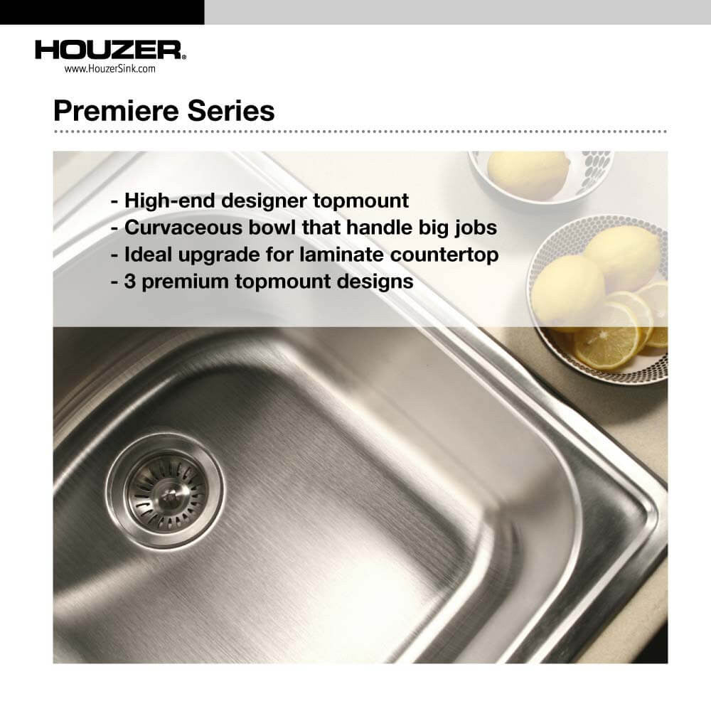 Houzer Premier 33 inch Stainless Steel Drop-in Topmount 4-hole Single Bowl Kitchen Sink - PGS-3122-4