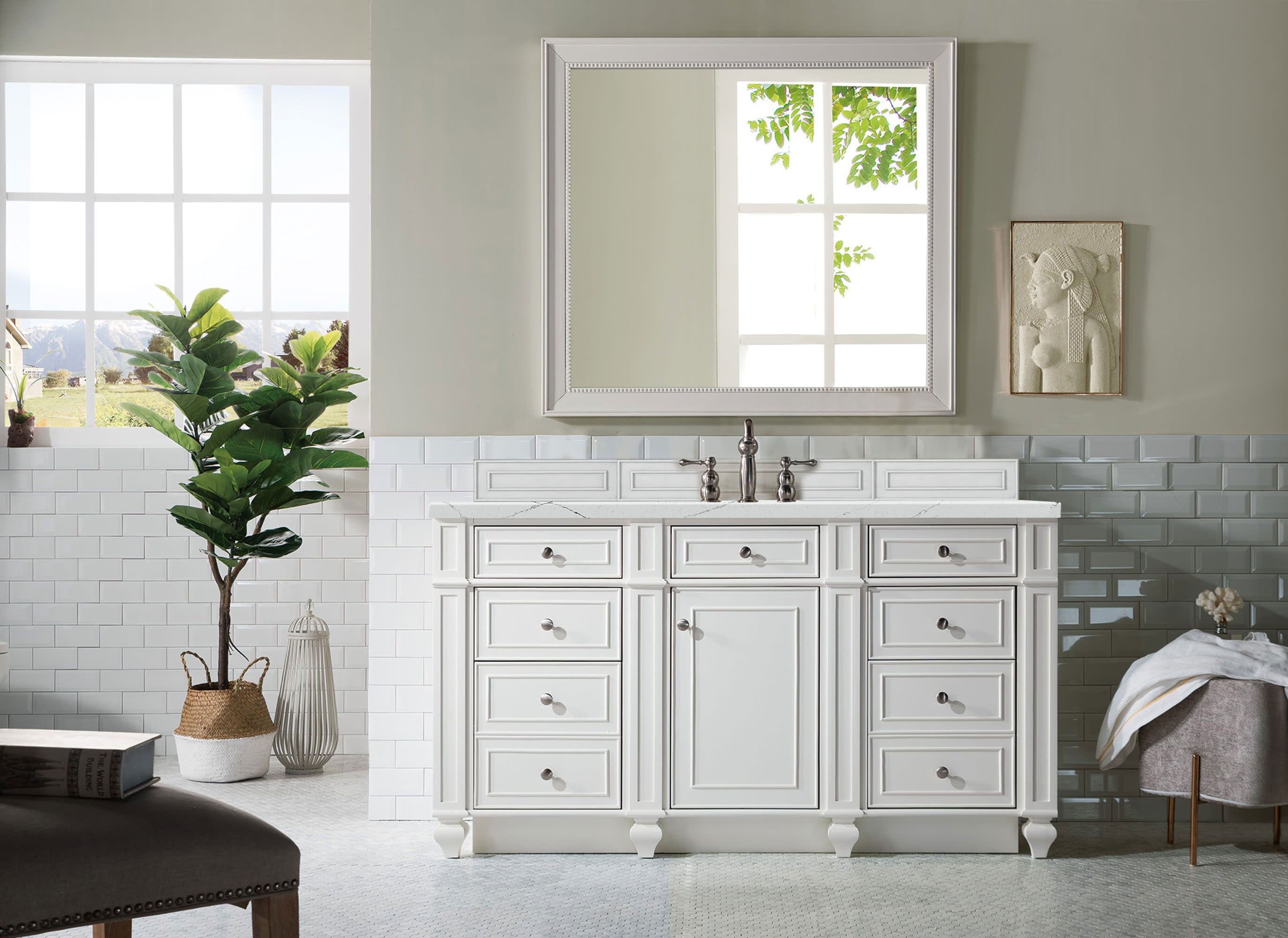 James Martin Bristol 60" Single Vanity in Bright White with 3cm Countertop and FreePower Wireless Charger