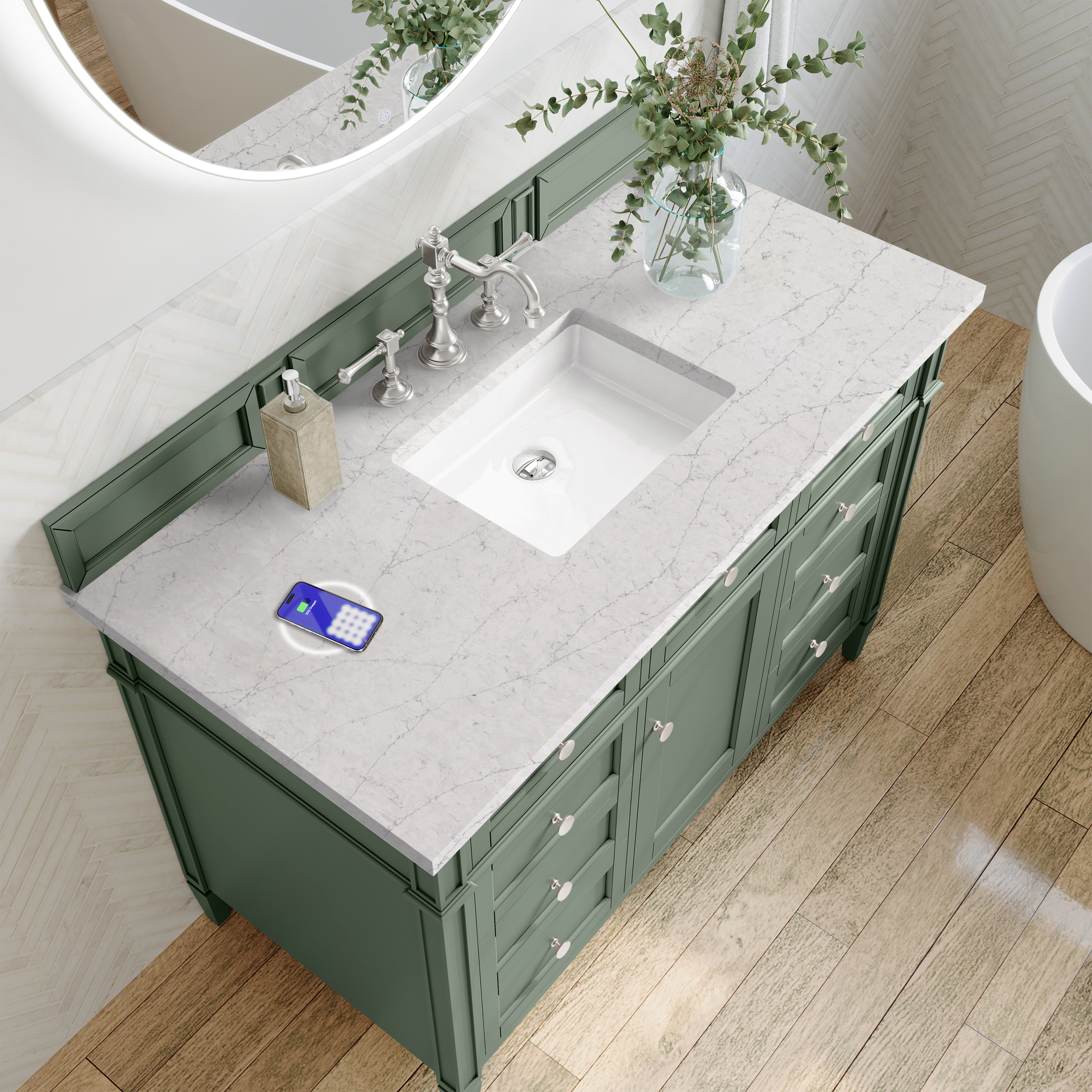 James Martin Brittany 48" Single Vanity in Smokey Celadon with 3cm Countertop and FreePower Wireless Charger