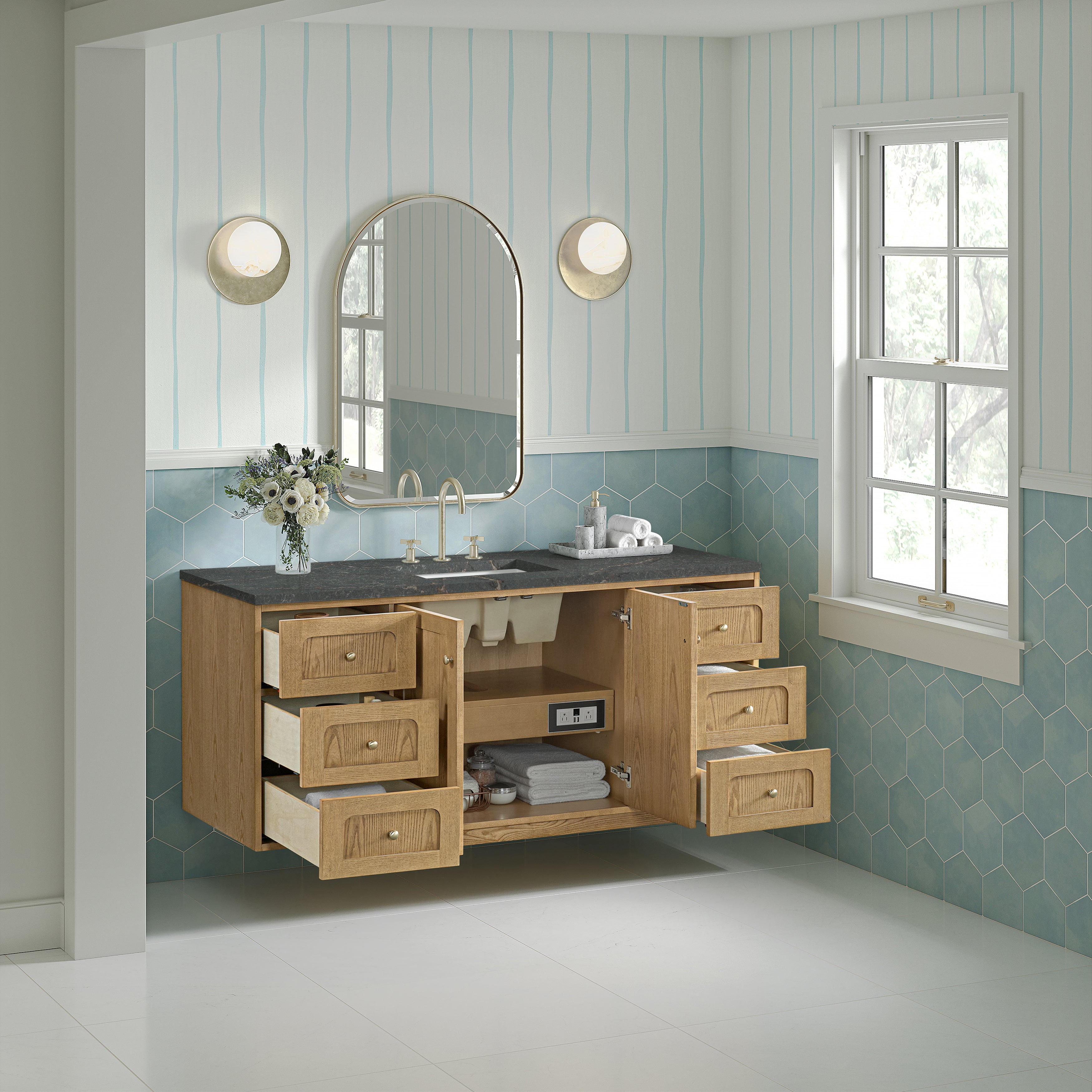 James Martin Laurent 60" Single Vanity in Light Natural Oak with 3cm Countertop and FreePower Wireless Charger