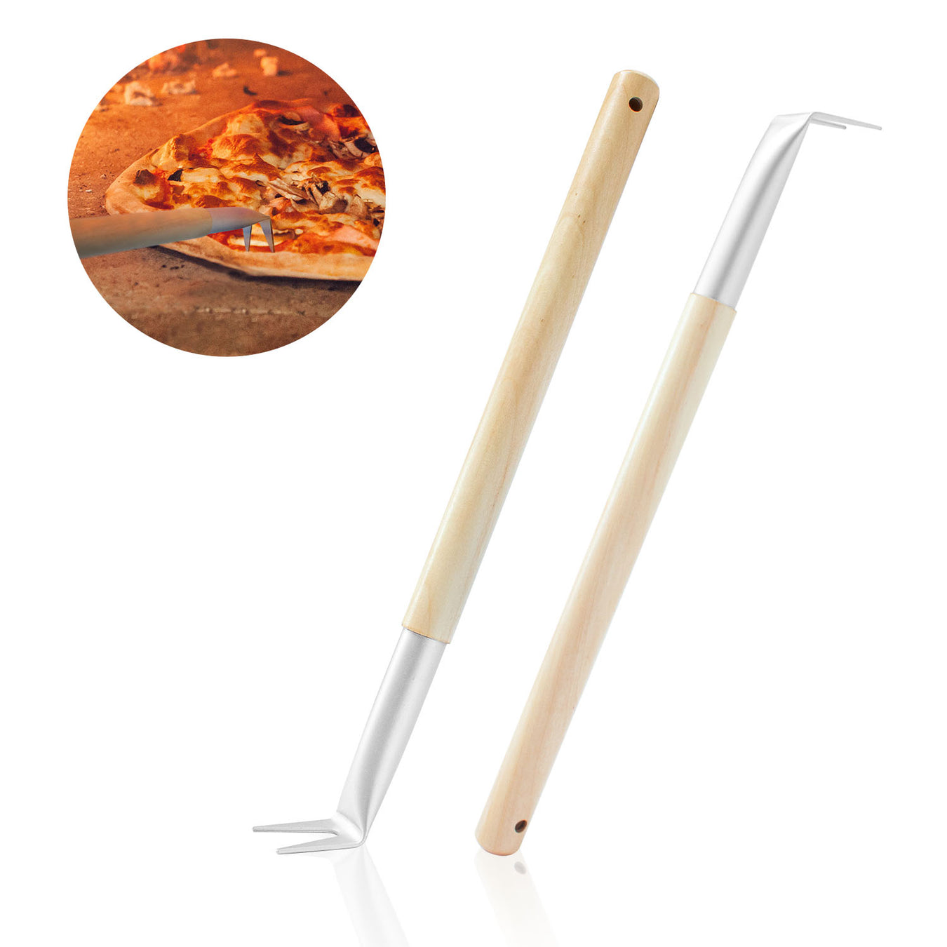 Aluminum 17.5 inch Pizza Spinner Turning Fork with Wooden Handle and Leather Strap (2-Pack)