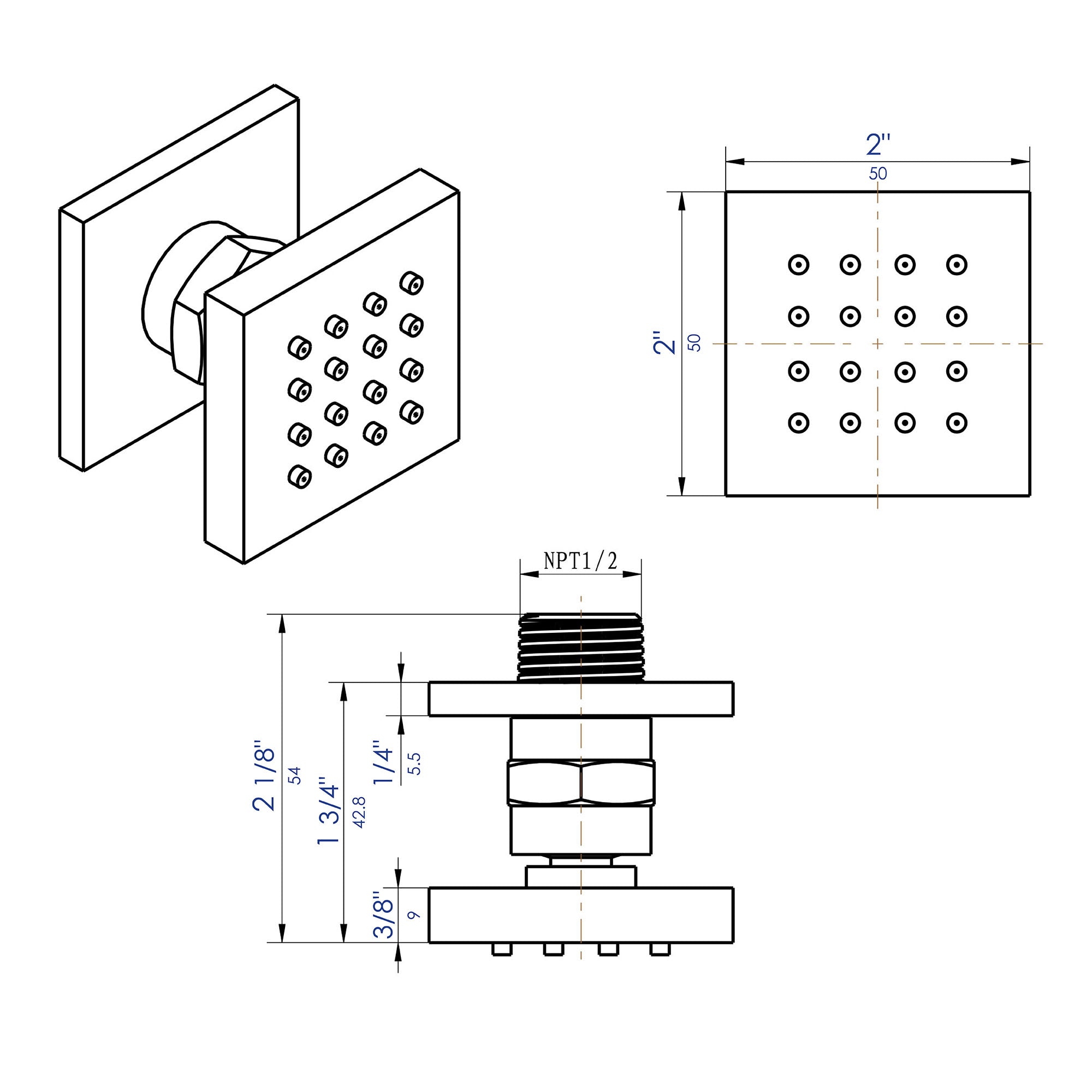 ALFI brand AB3820 2" Square Adjustable Shower Body Spray