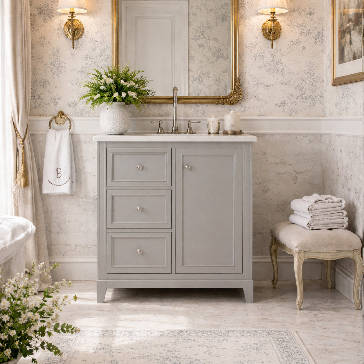 MAIDSTONE Placid 30 Inch Oak Vanity with Right Cabinet and Rectangular Undermount Sink
