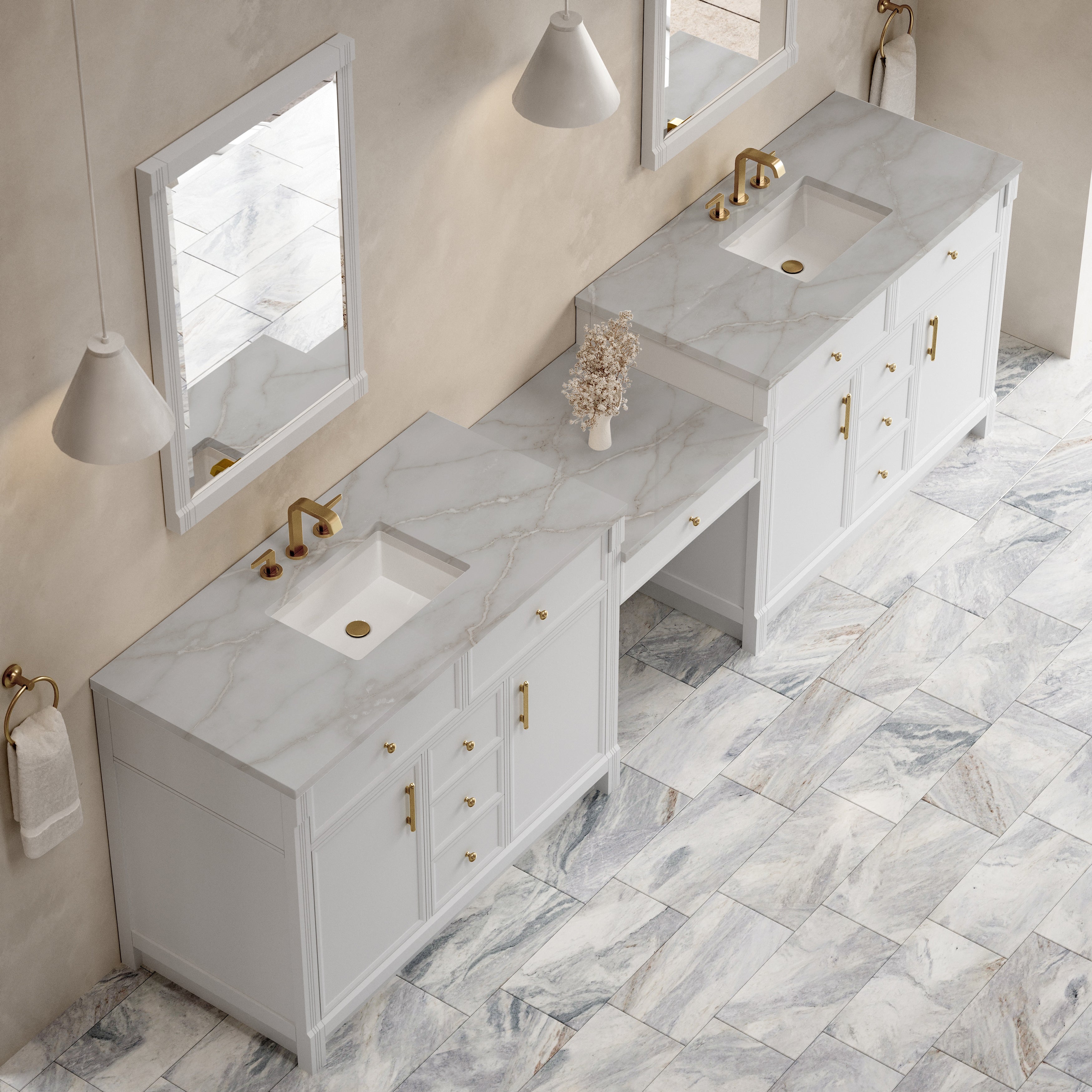 James Martin Bellshire 120" Dual Vanity Set with 24" Make-Up Counter in Bright White with 3cm Countertop and FreePower Wireless Charger