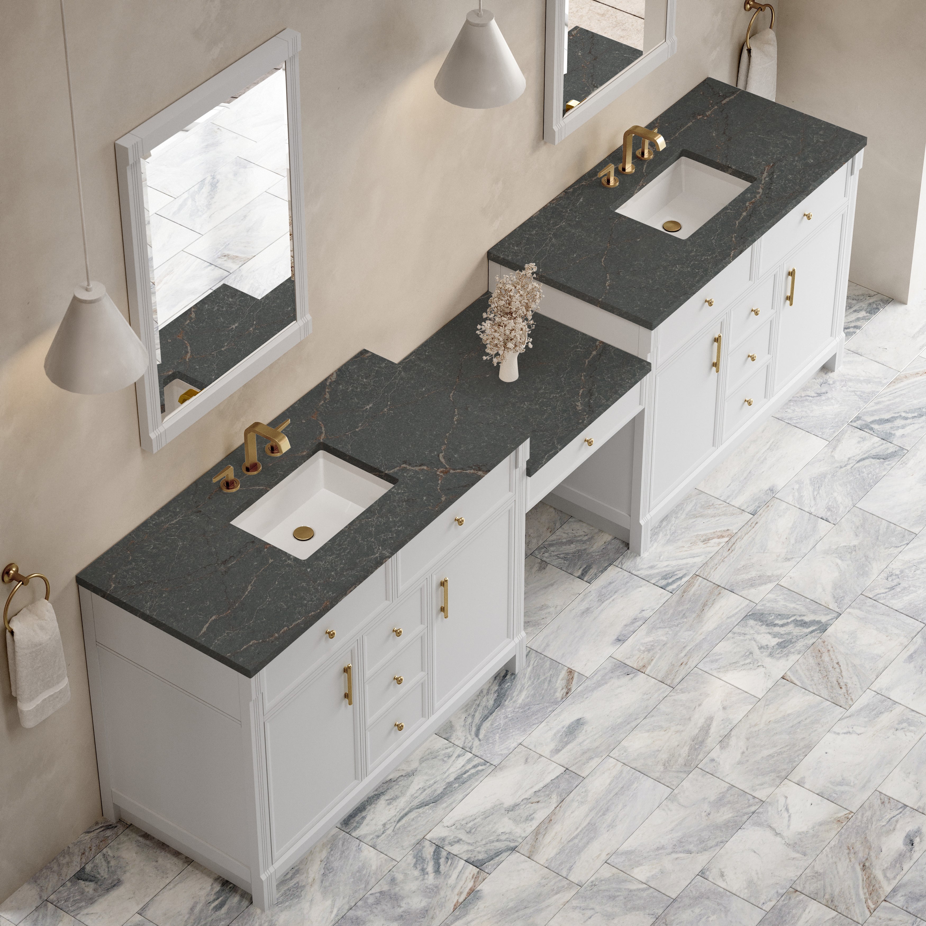James Martin Bellshire 120" Dual Vanity Set with 24" Make-Up Counter in Bright White with 3cm Countertop and FreePower Wireless Charger