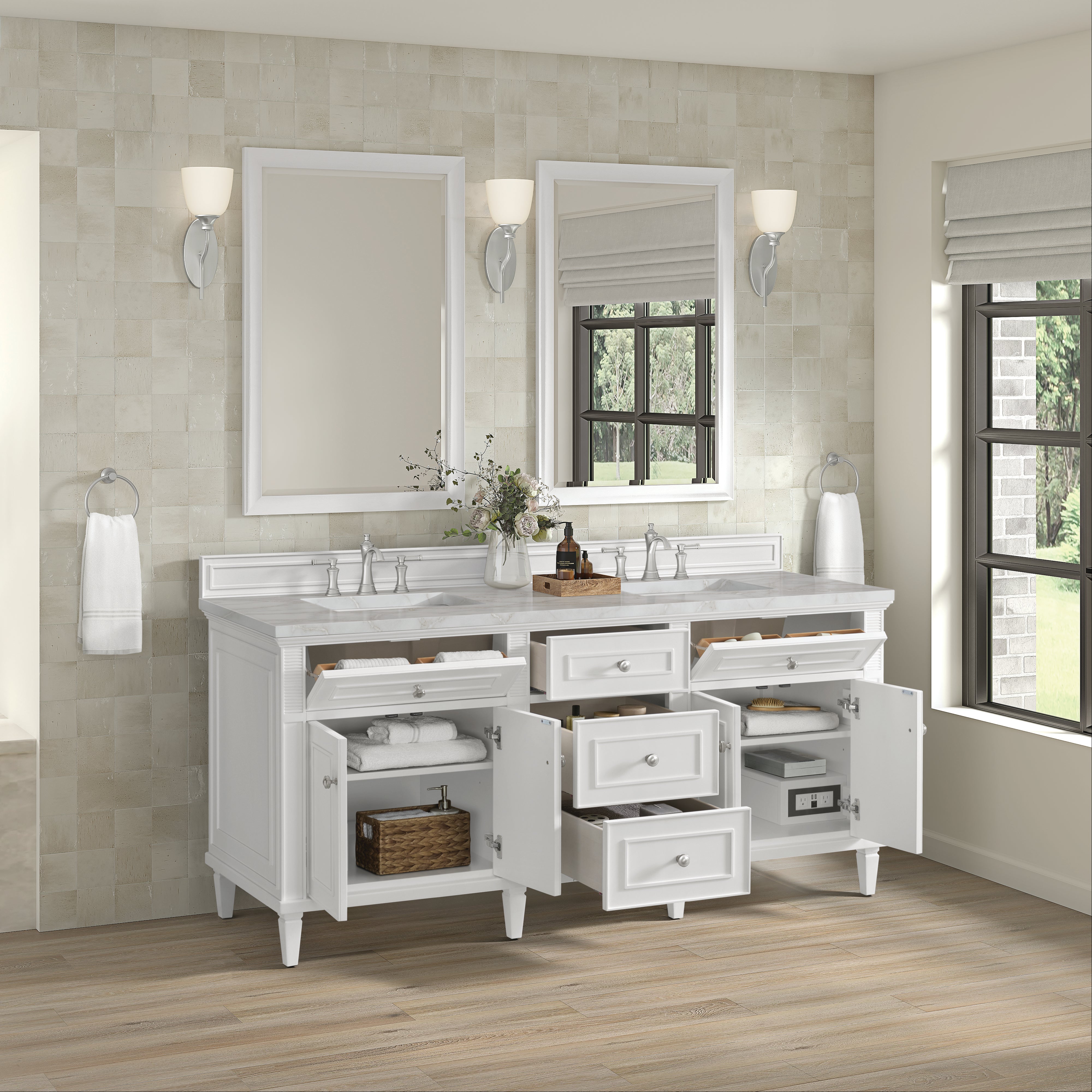 James Martin Lorelai 72" Double Vanity in Bright White with 3cm Countertop and FreePower Wireless Charger