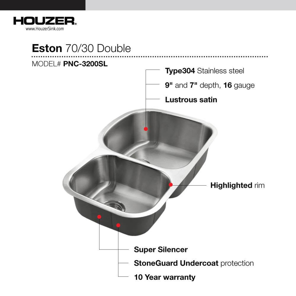 32.25" X 20.5" Stainless Steel Undermount 70/30 Double Bowl Kitchen Sink, Small Bowl Left