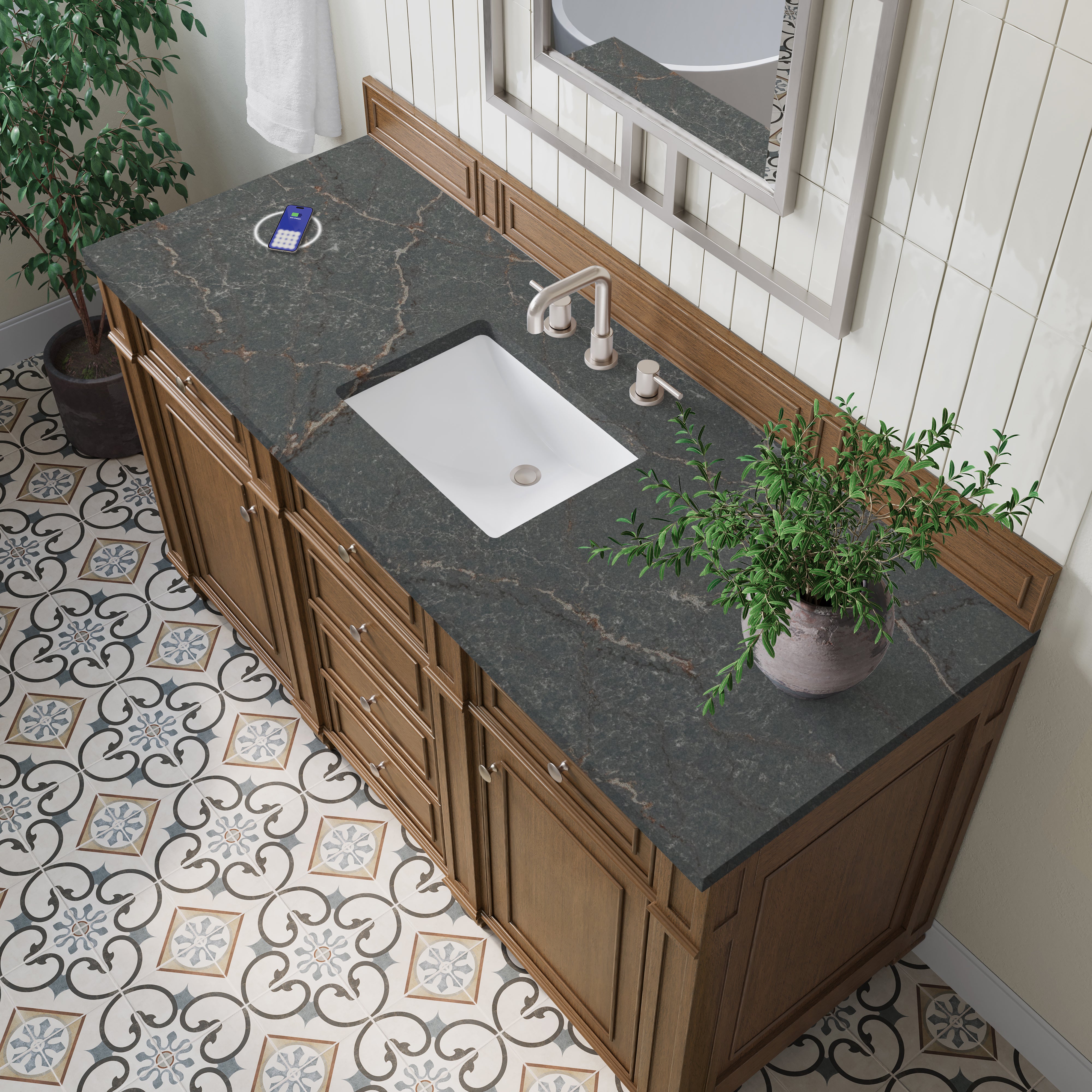 James Martin Bristol 60" Single Vanity in Saddle Brown with 3cm Countertop and FreePower Wireless Charger