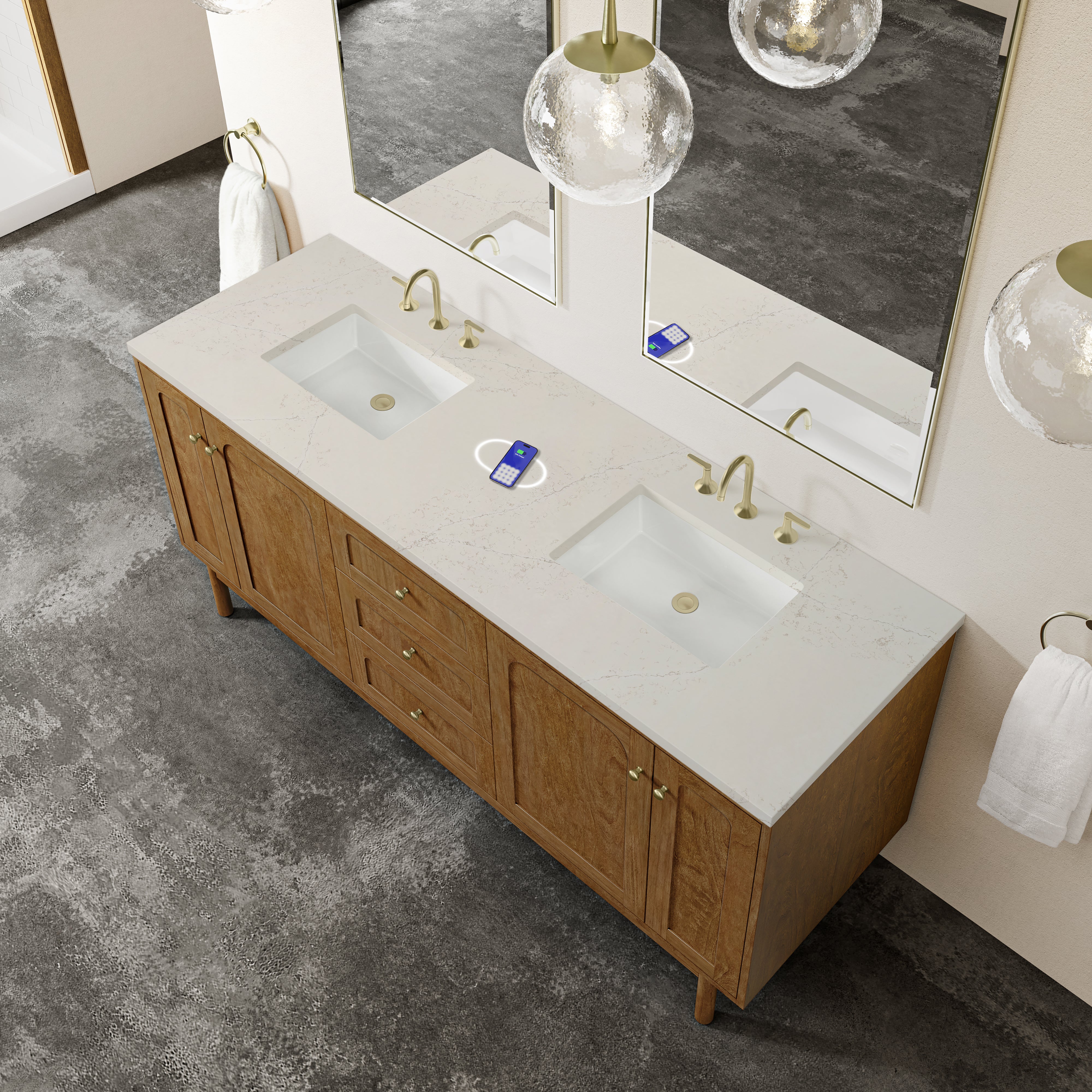James Martin Laurent 72" Double Vanity in Honey Oak with 3cm Countertop and FreePower Wireless Charger