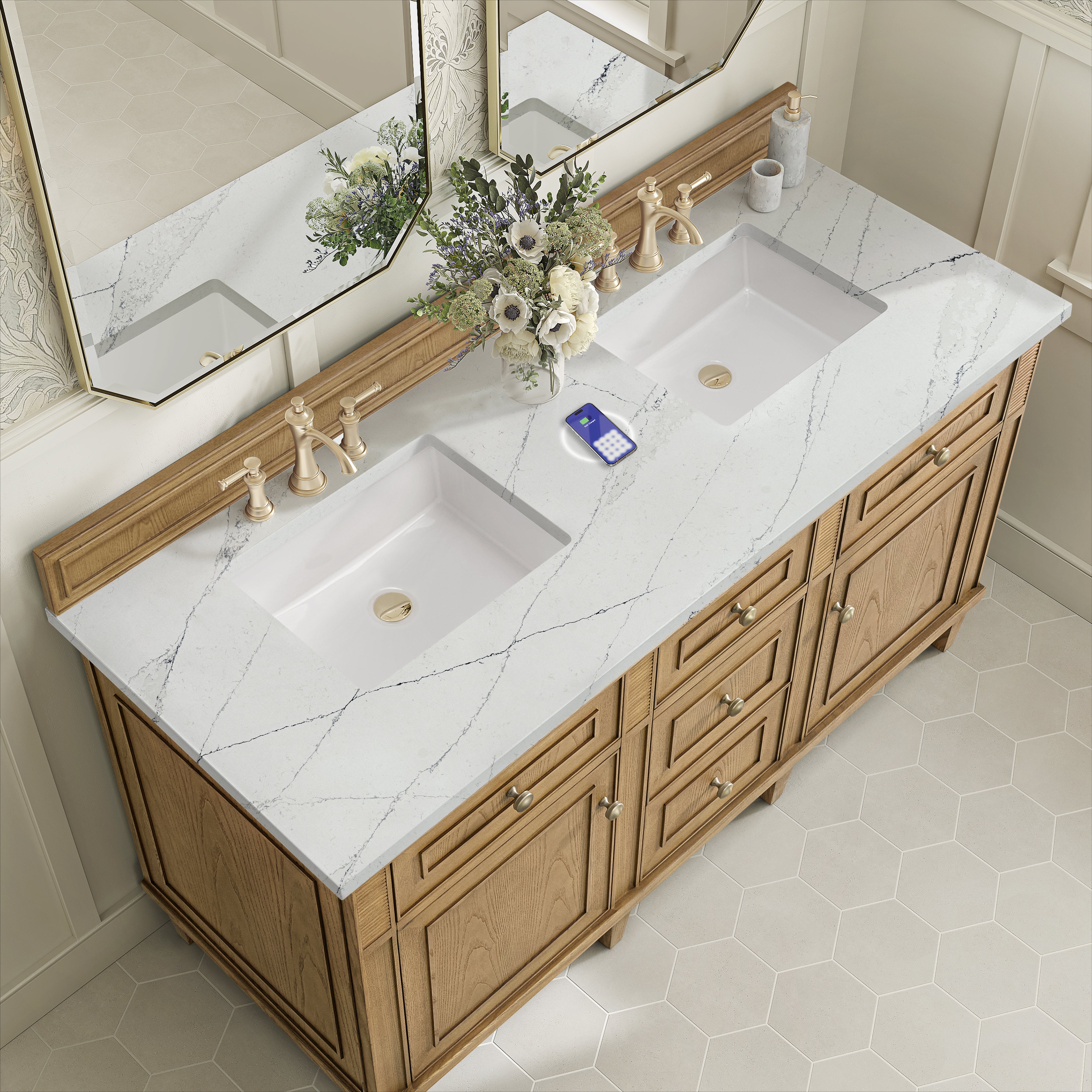 James Martin Lorelai 60" Double Vanity in Light Natural Oak with 3cm Countertop and FreePower Wireless Charger