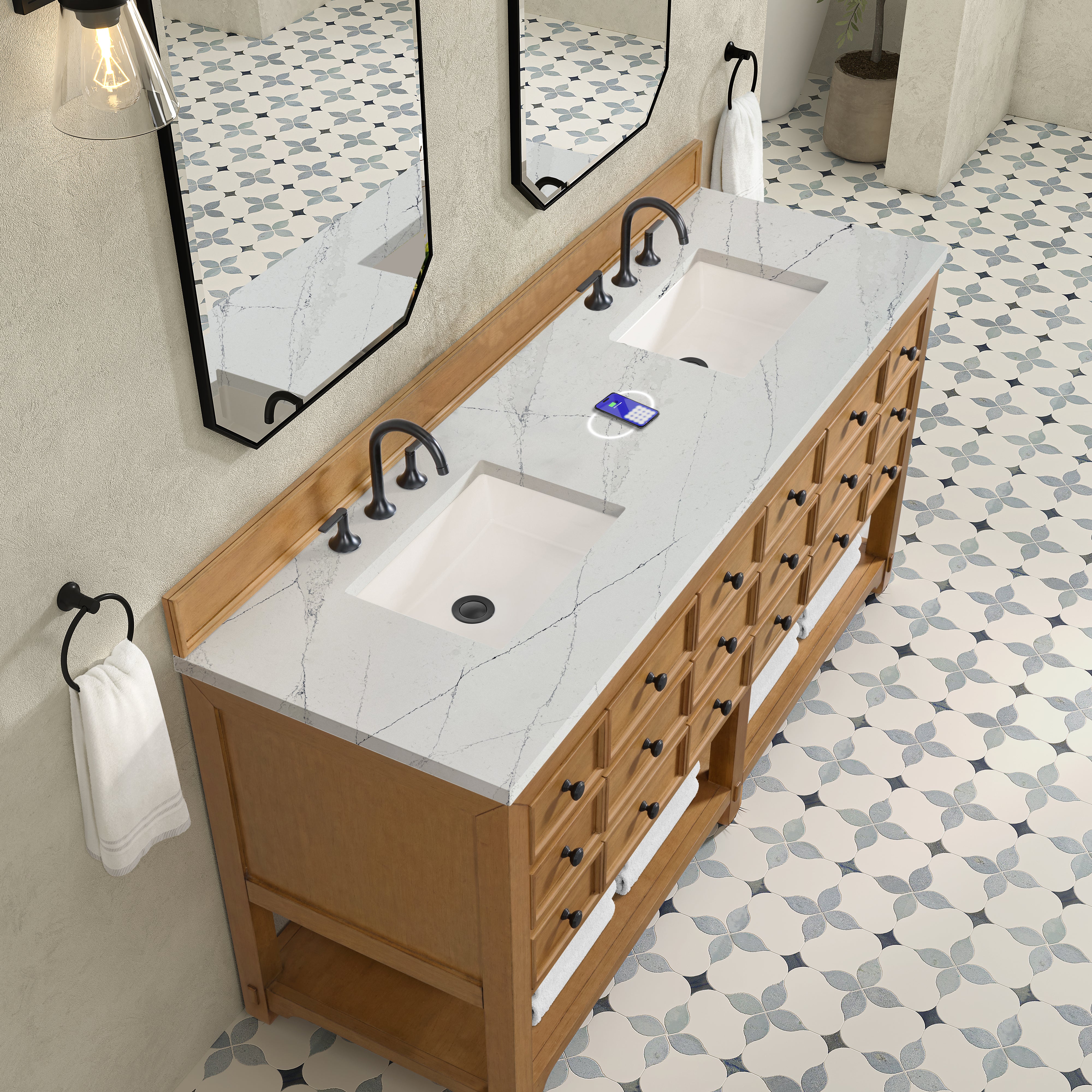 James Martin Malibu 72" Double Vanity in Amber Birch with 3cm Countertop and FreePower Wireless Charger