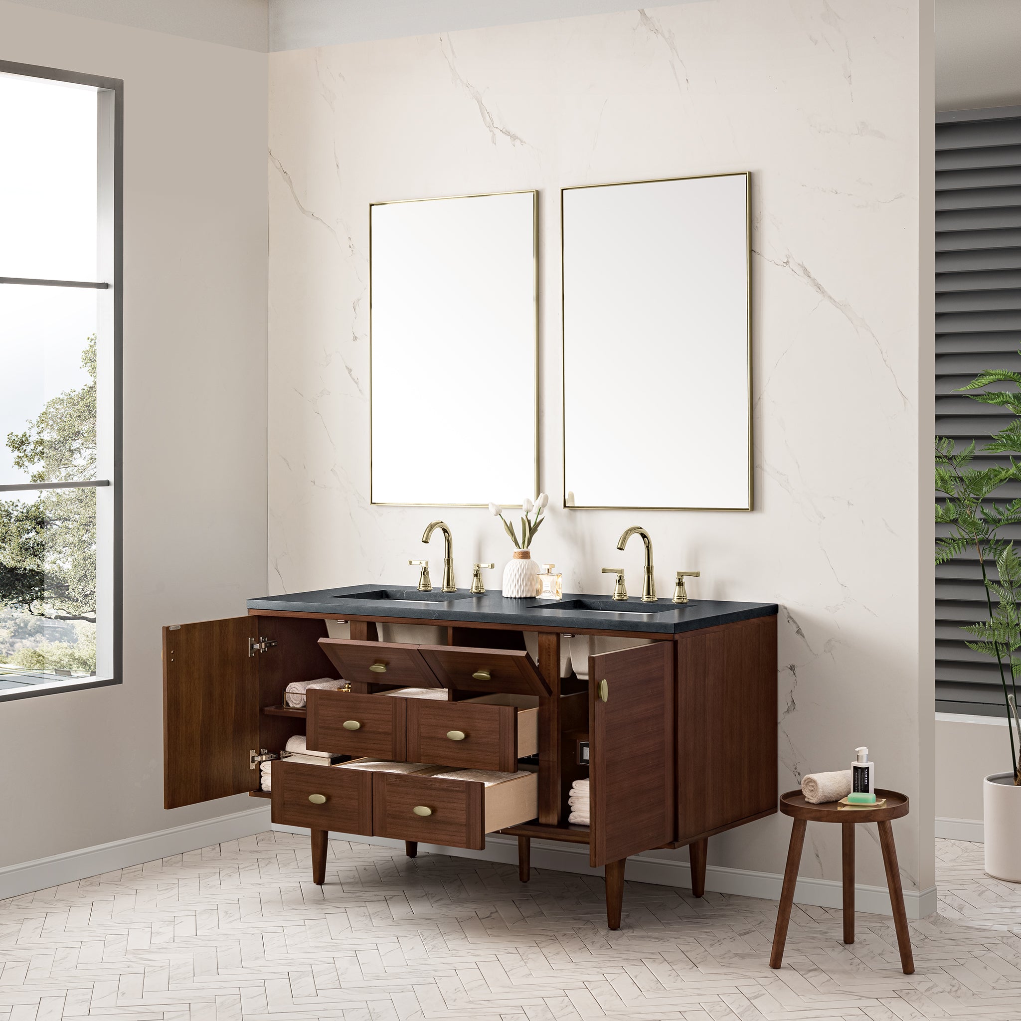 James Martin Amberly 60" Double Vanity in Mid-Century Walnut with 3cm Countertop