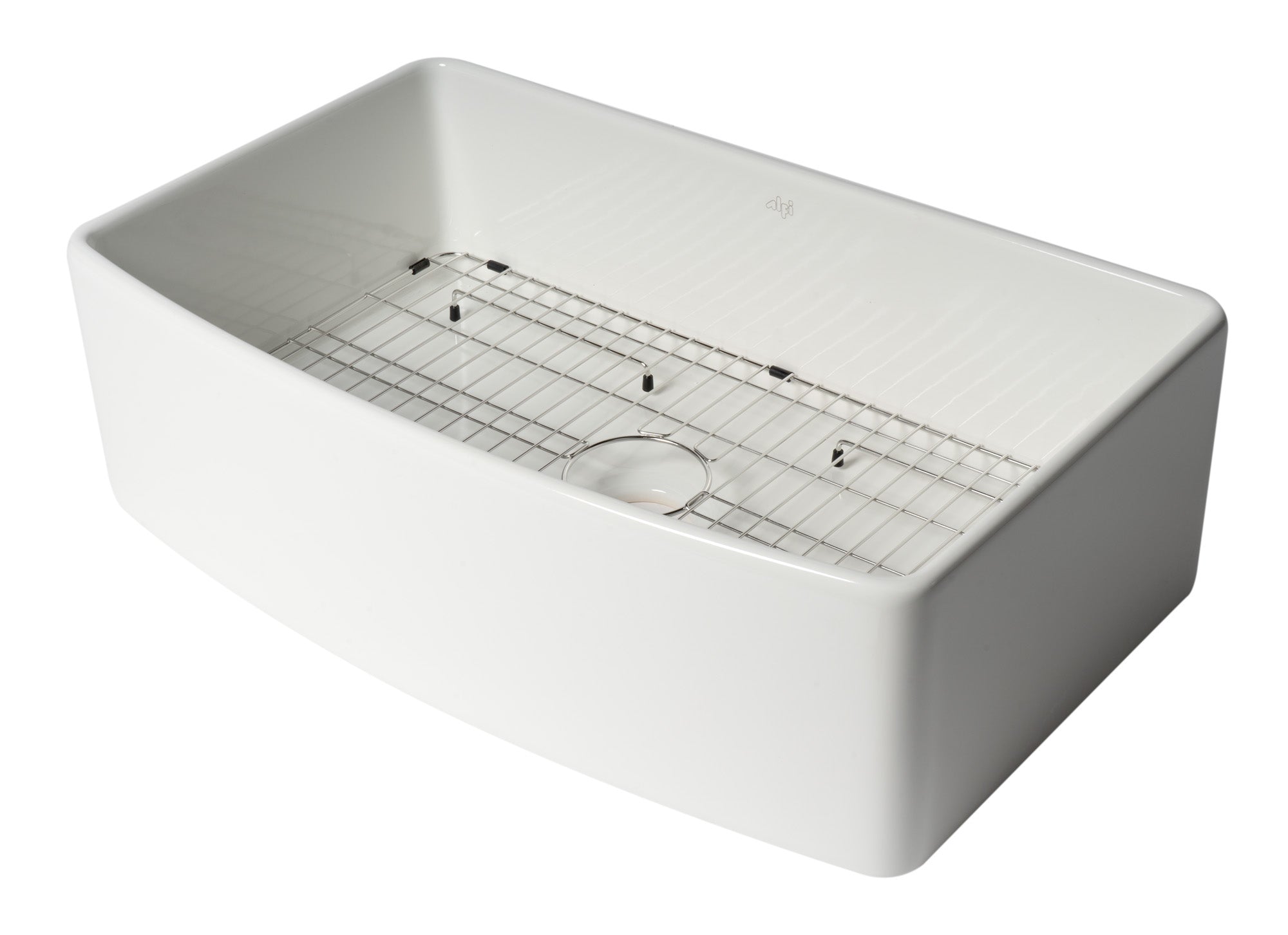 ALFI brand ABFC3320S ABFC3320S-W White Smooth Curved Apron 33" x 20" Single Bowl Fireclay Farm Sink with Grid