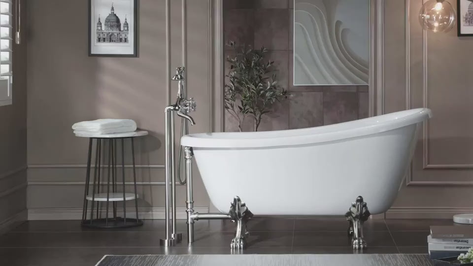 Load video: WOODBRIDGE 54" Heavy Duty Acrylic Slipper Clawfoot Bathtub with Drain &amp; Overflow – Multiple Finishes, B0021 Series