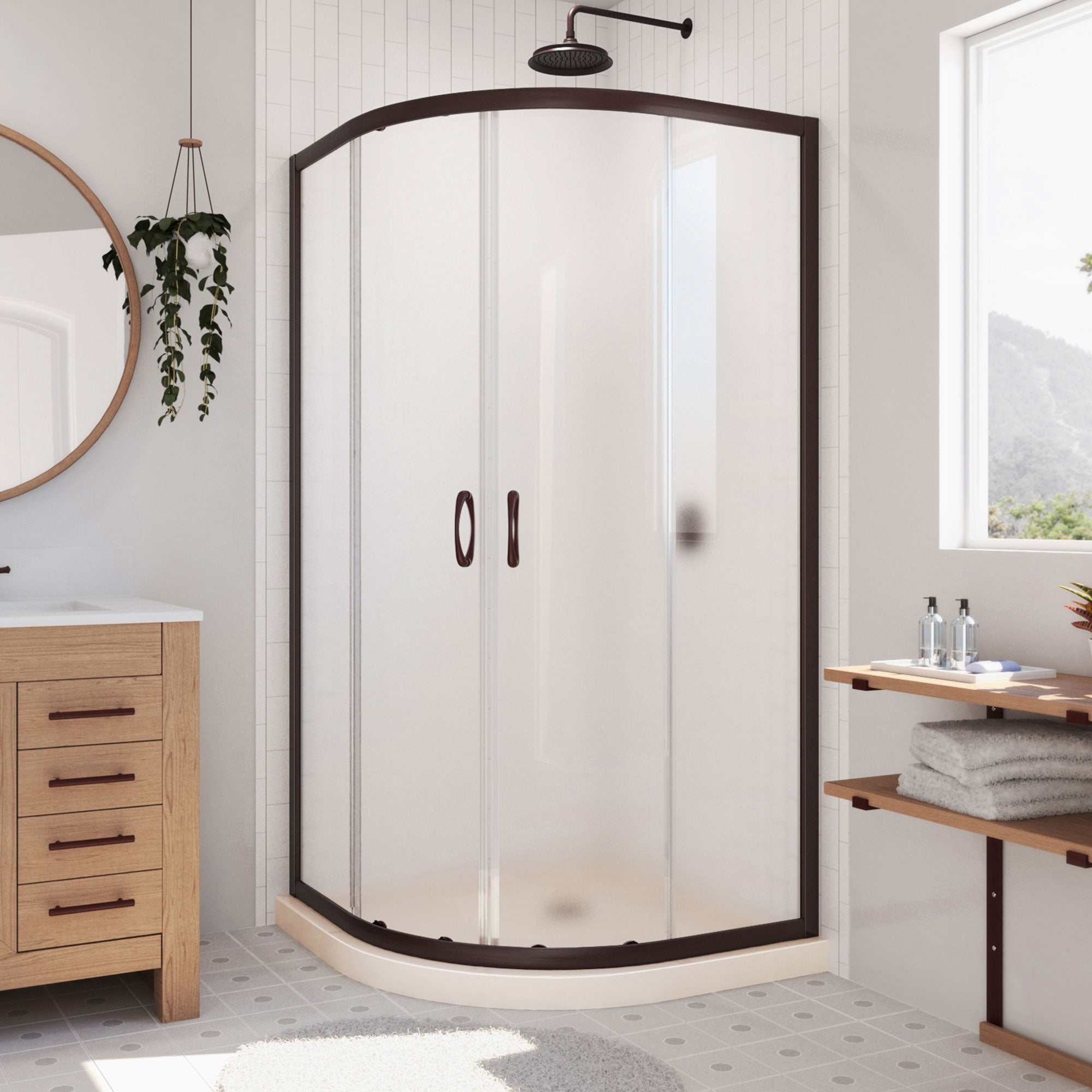 DreamLine Prime 36 inch D x 36 inch W x 74 3/4 inch H Semi-Frameless Sliding Frosted Shower Enclosure with Shower Base Kit