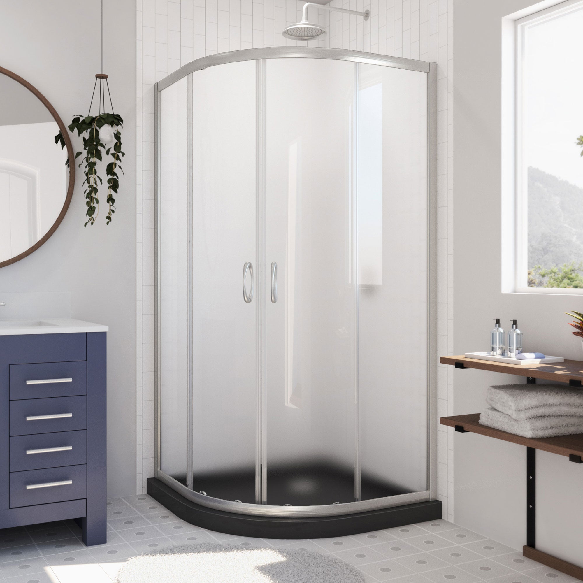 DreamLine Prime 33 inch D x 33 inch W x 74 3/4 inch H Semi-Frameless Sliding Frosted Shower Enclosure with Shower Base Kit